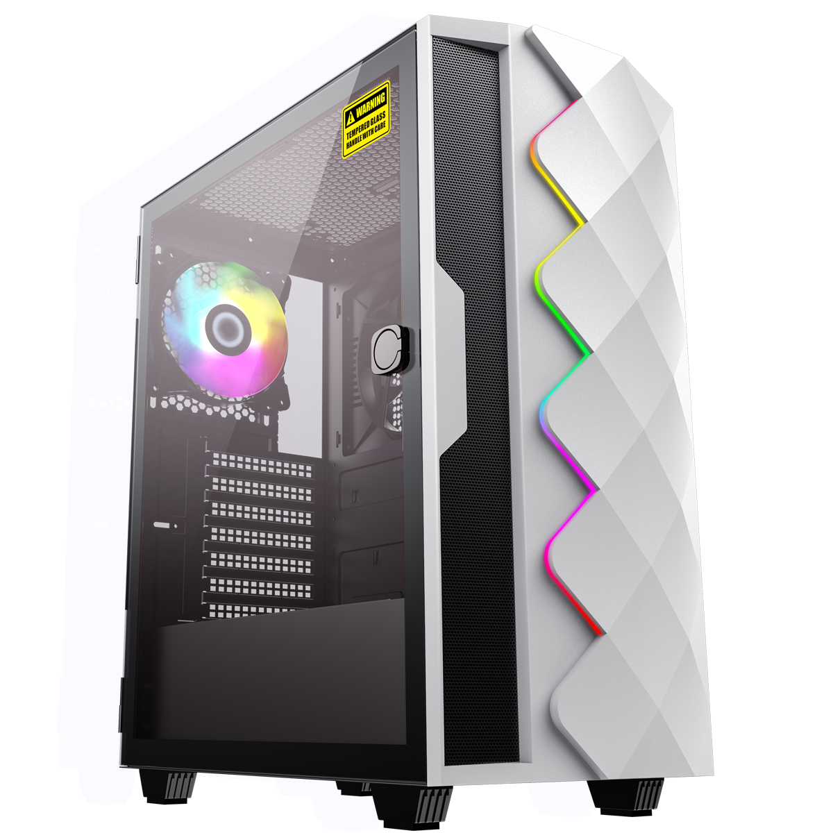 Weißes Computergehäuse mit RGB-Leuchten, Glas-Seitenwand und einem Warnaufkleber.