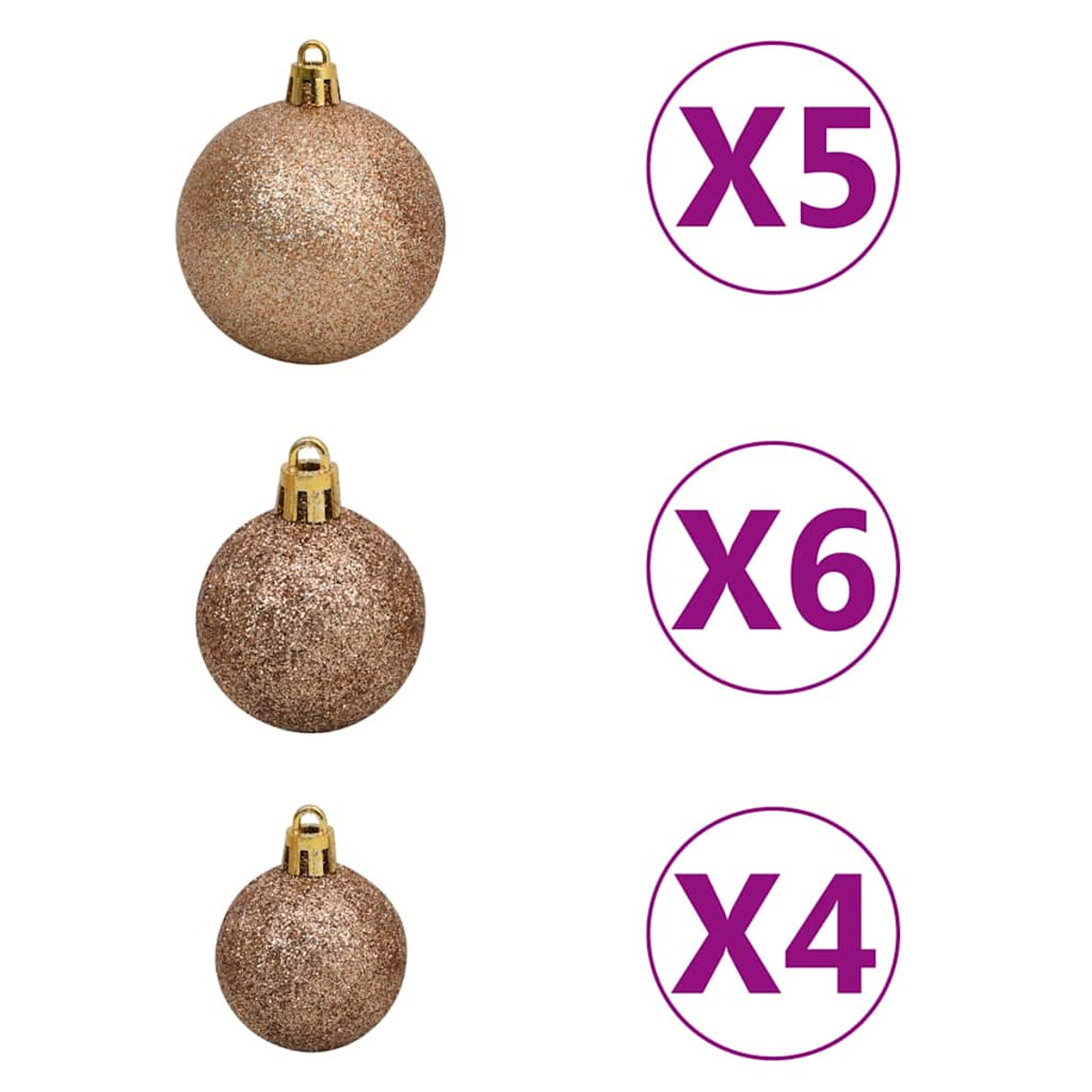 Drei goldene Weihnachtskugeln mit Glitzer und goldenen Kappen, mit X5, X6 und X4 daneben.