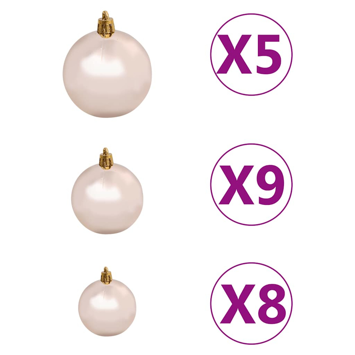 Drei weiße Weihnachtskugeln mit goldenen Spitzen. Die Zahlen X5, X9 und X8 befinden sich neben den Ornamenten.