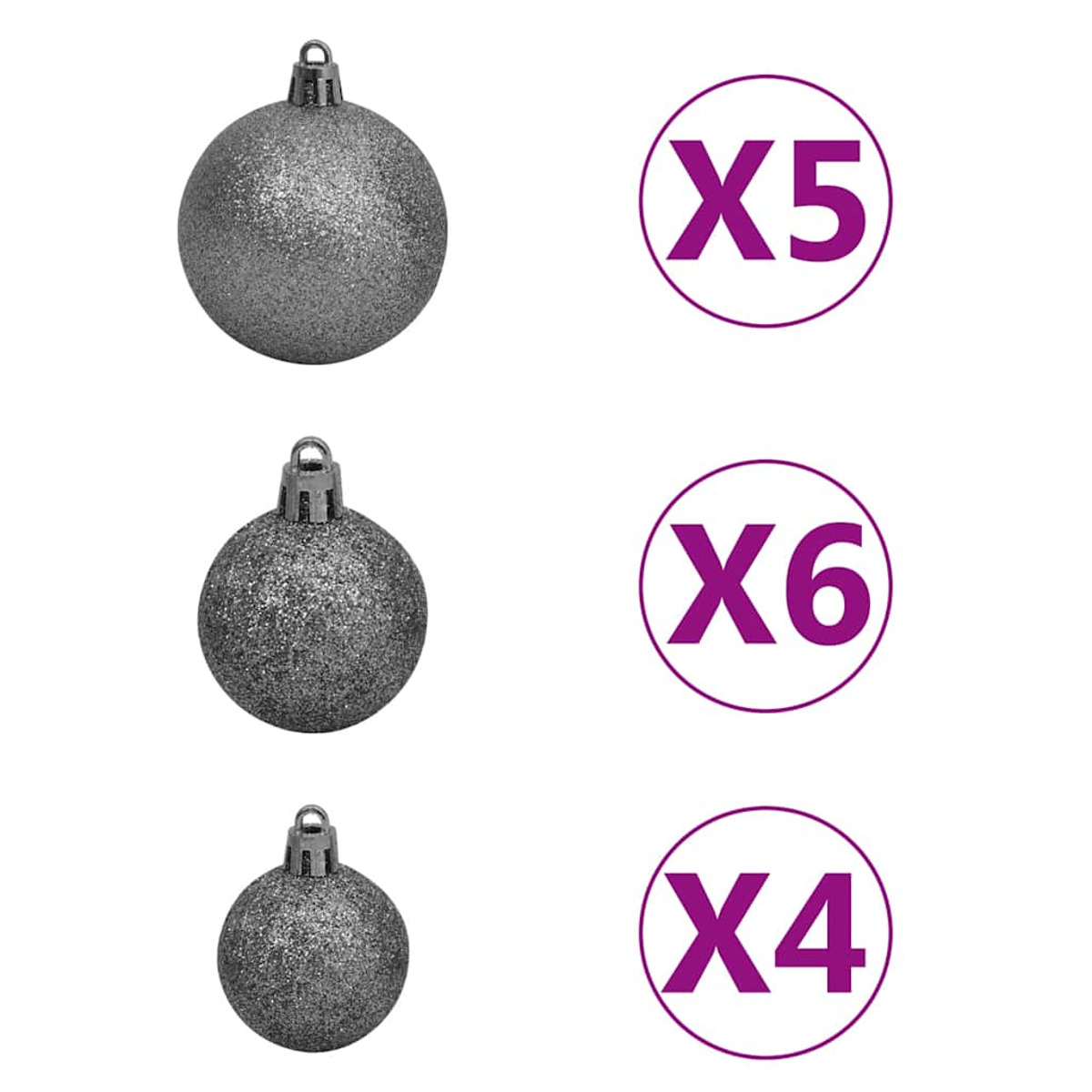 Silberne Weihnachtskugeln mit lila Nummernschildern. Die Zahlen sind 5, 6 und 4.