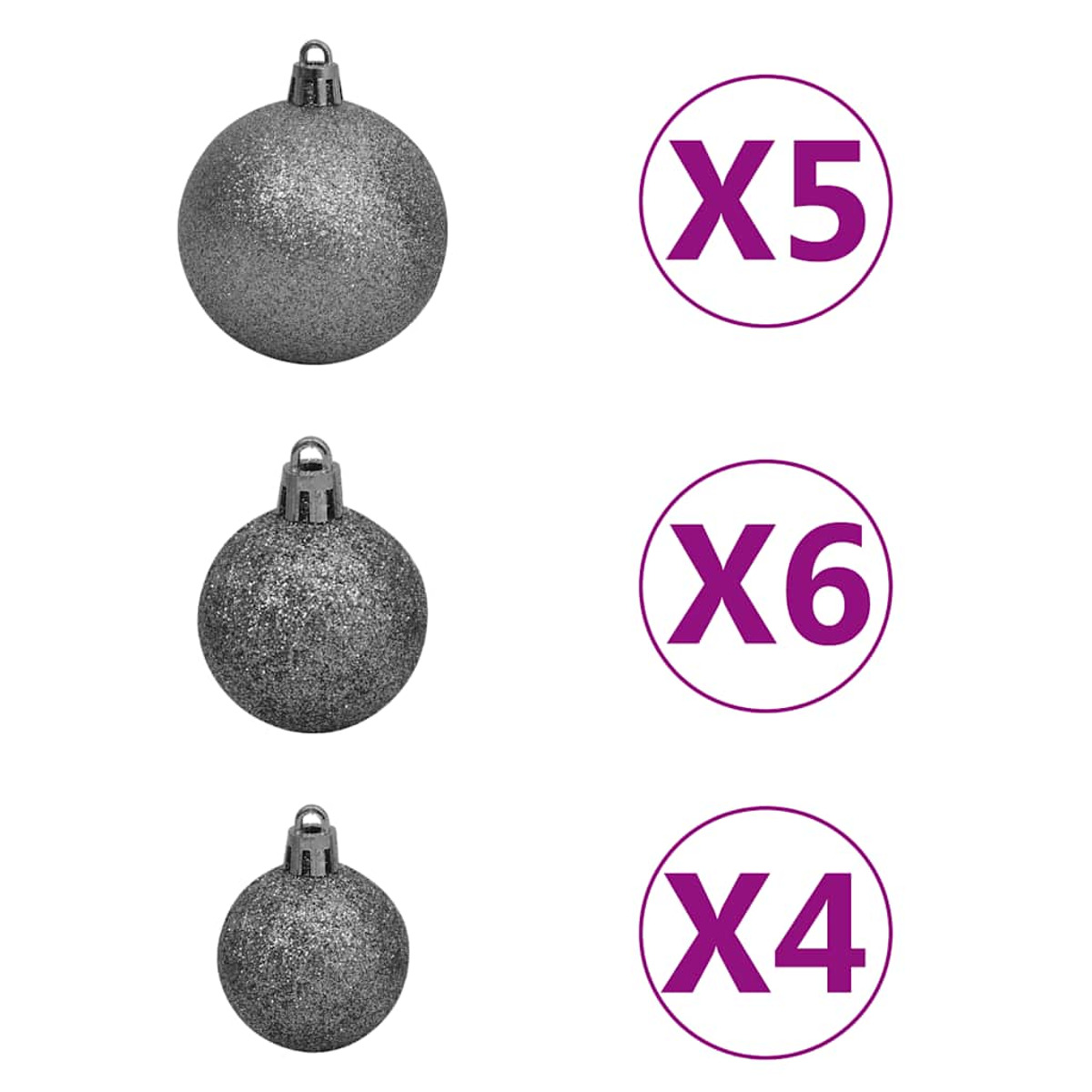 Drei silberne Glitzer-Weihnachtskugeln. Etiketten zeigen Mengen an: x5, x6 und x4.