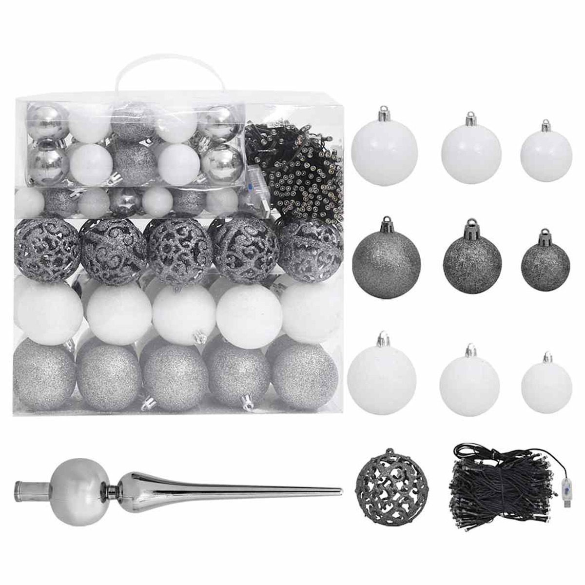 Weihnachtsschmuck in einer durchsichtigen Box, plus Schmuck, Baumspitze und Lichter.