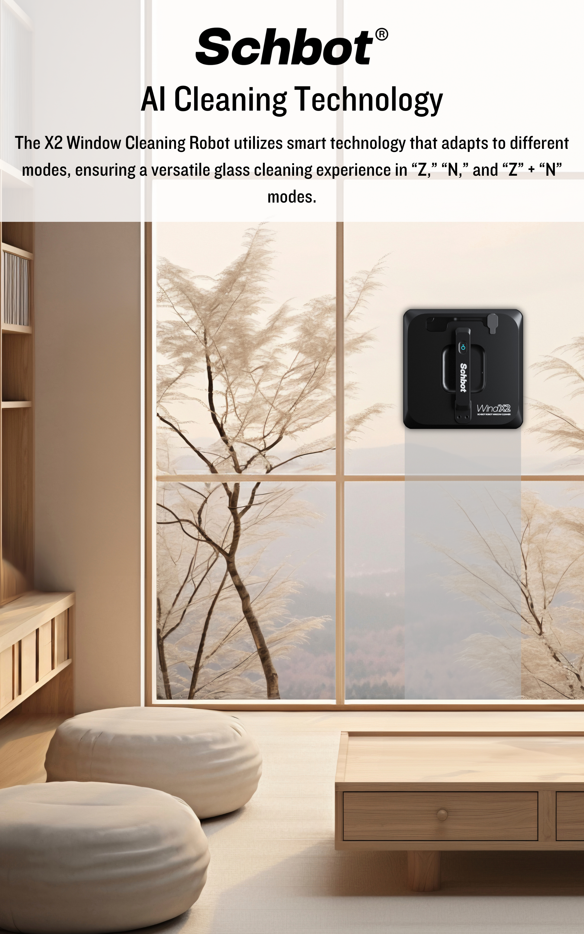 Fensterputzroboter an einem Fenster. Das Fenster überblickt einen Wald.