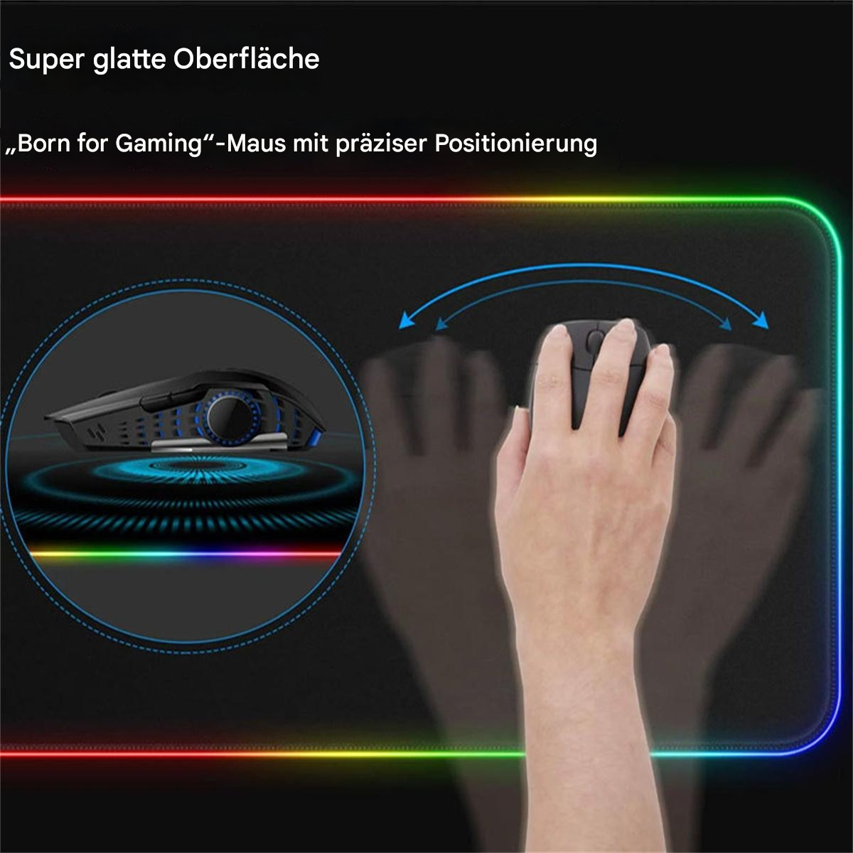 Hand benutzt Maus, auf schwarzem Mauspad mit bunten Rändern, Maus und Schatten.