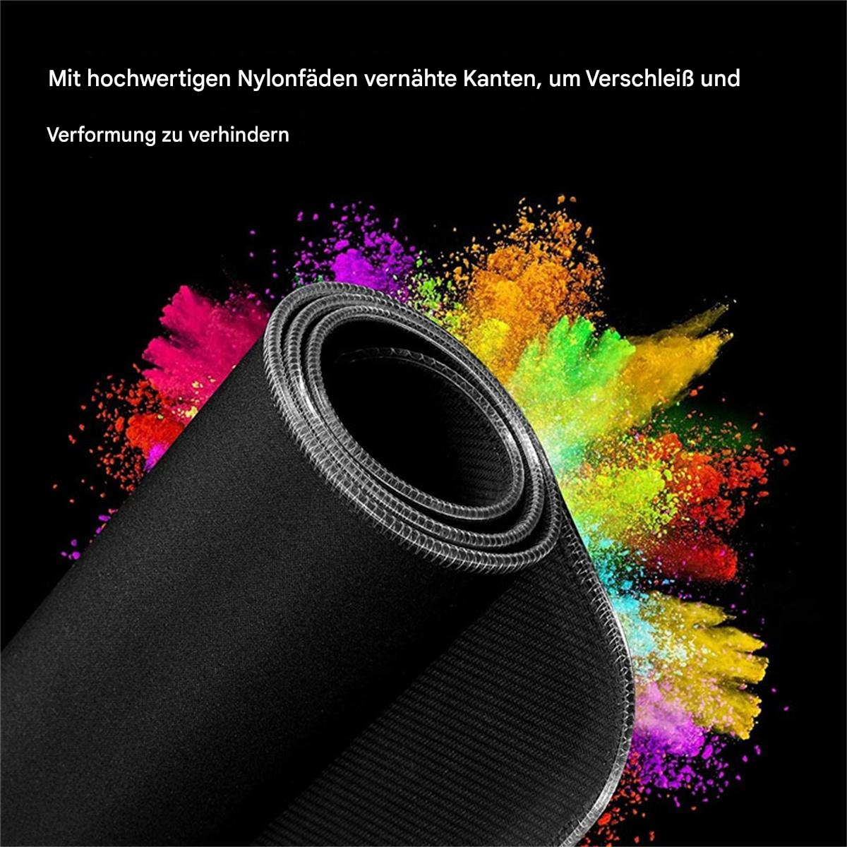 Schwarzes Mousepad mit gerollten Kanten, bunte Farbkleckse auf schwarzem Hintergrund.