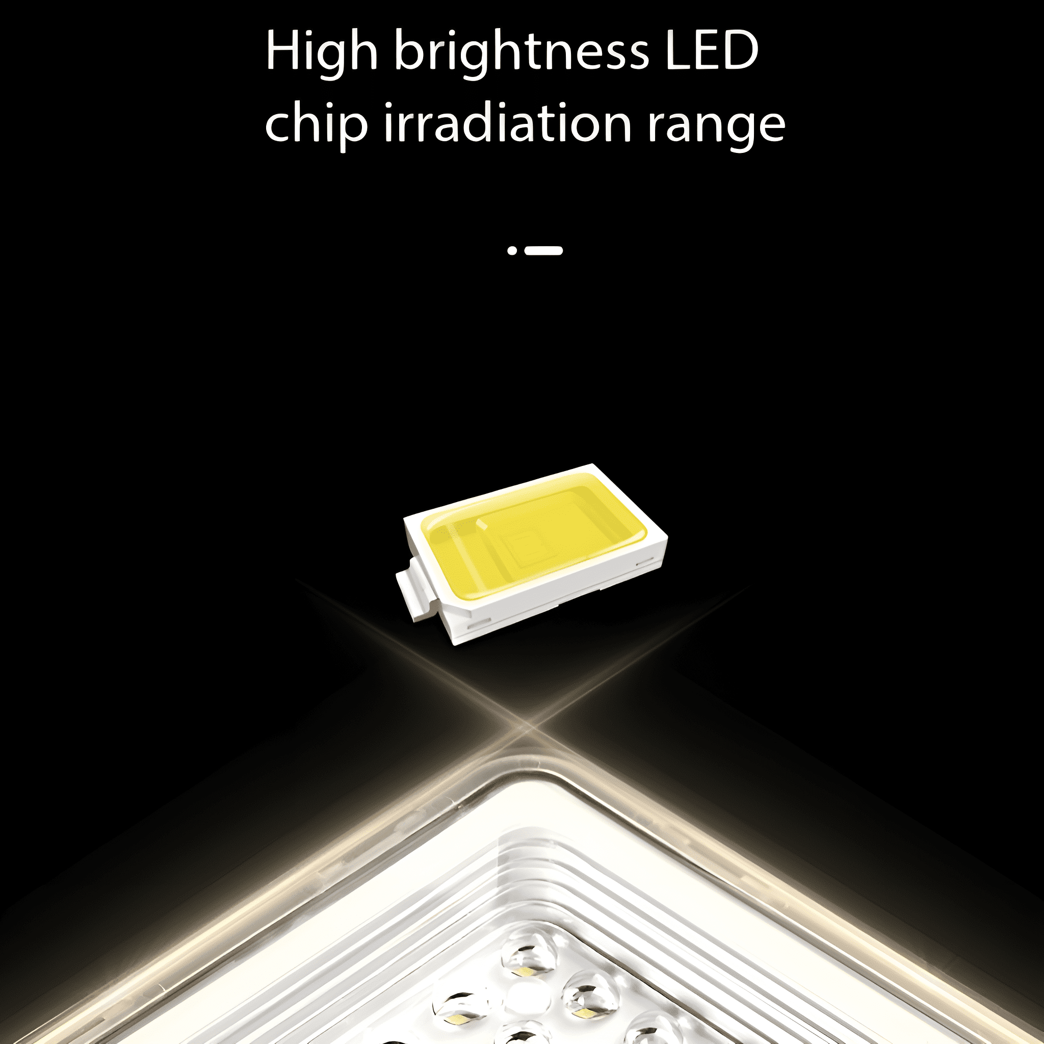 Nahaufnahme eines LED-Chips mit hellem gelbem Licht auf schwarzem Hintergrund, der die Chipbestrahlung veranschaulicht.