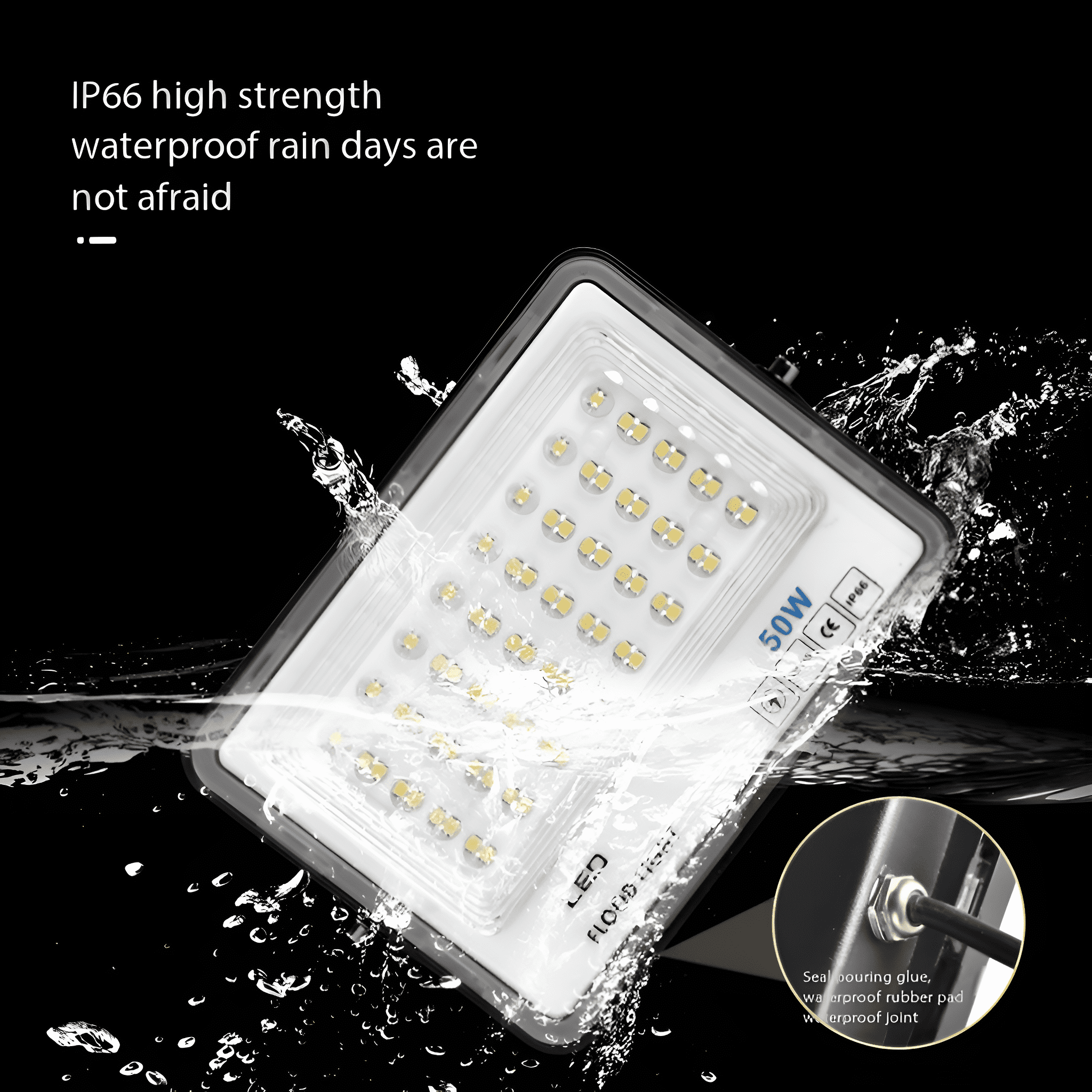 Wasserdichte LED-Leuchte mit spritzendem Wasser drum herum.