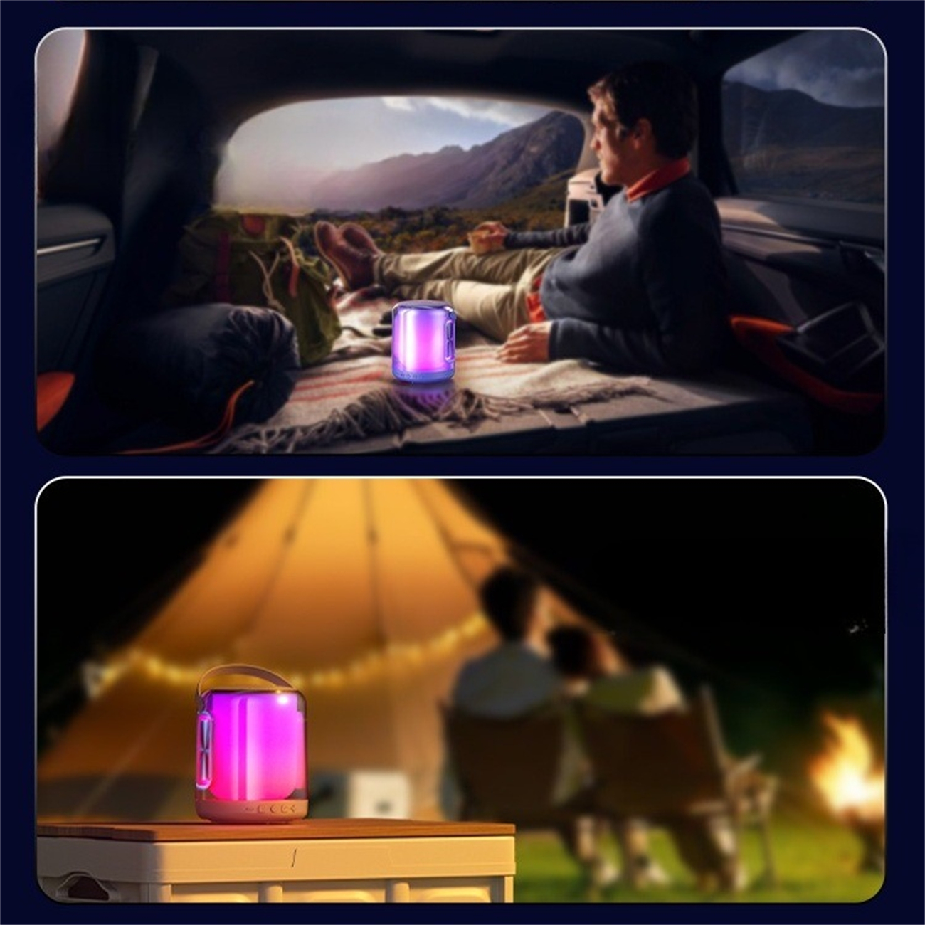 Zwei Bilder eines Lautsprechers. Eines in einem Auto mit einer Person, die sich entspannt. Das andere auf einem Campingplatz bei Nacht.