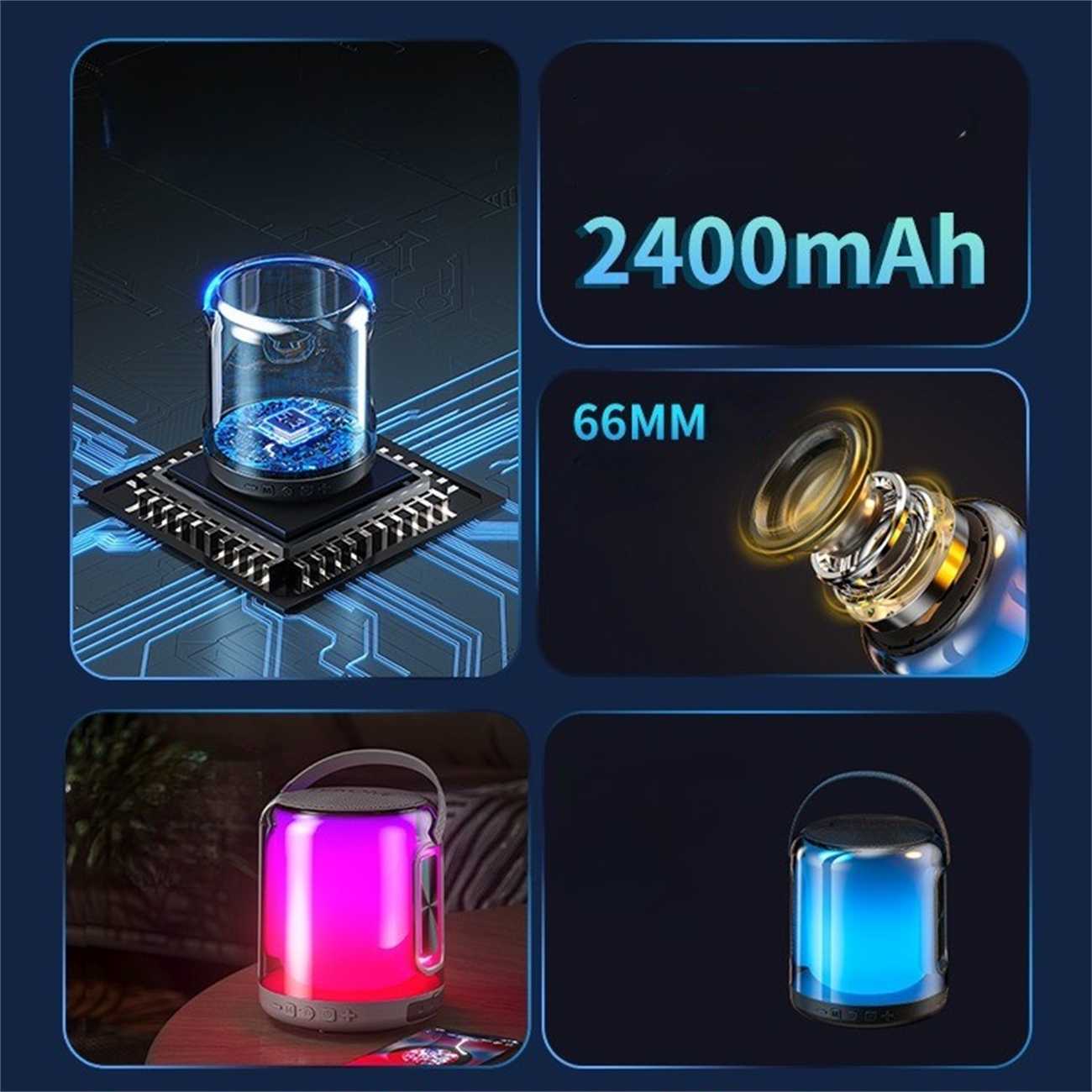 Ein Lautsprecher mit RGB-Beleuchtung. Er hat einen Griff und ist in zwei verschiedenen Farben: Pink und Blau.