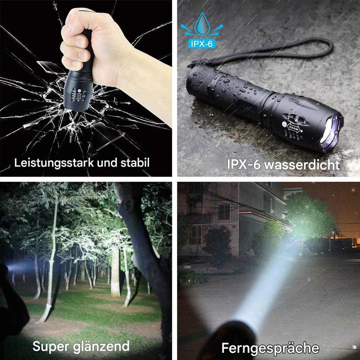 Vier Bilder einer schwarzen Taschenlampe in Gebrauch. Zeigt den Lichtstrahl und Nahaufnahmen des Geräts.