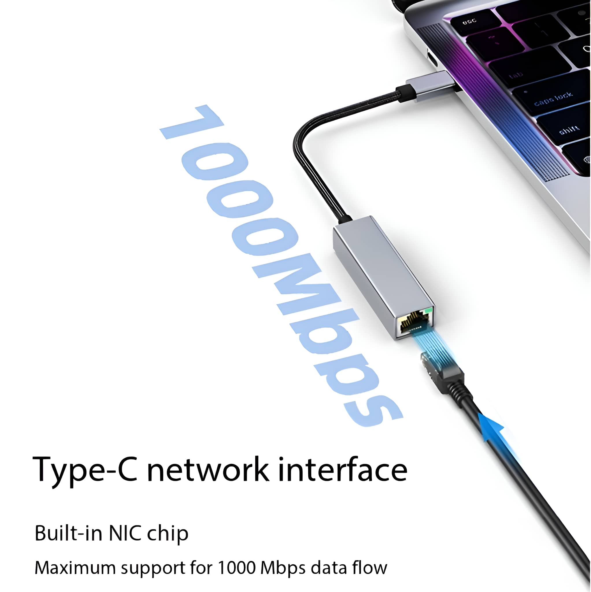 Typ-C-Netzwerkschnittstelle an Laptop angeschlossen. Text sagt 1000 Mbit/s Datenfluss.