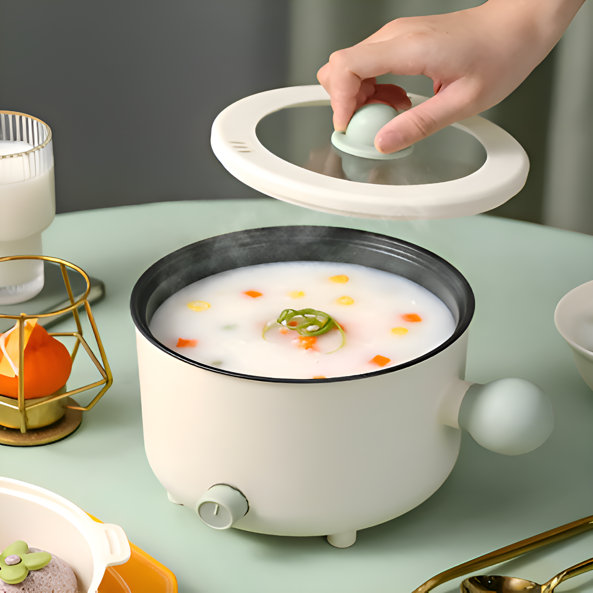 Ein weißer Kochtopf mit Essen darin. Eine Hand hebt den Glasdeckel an.