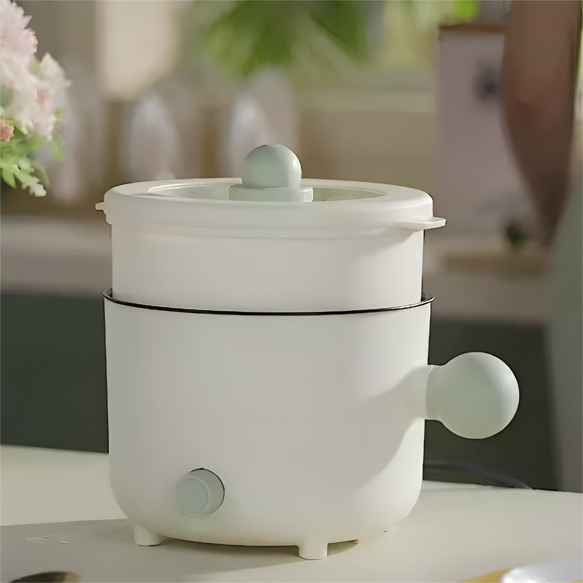 Weißer und grüner Mini-Elektro-Multikocher. Griff und Knopf sind grün.