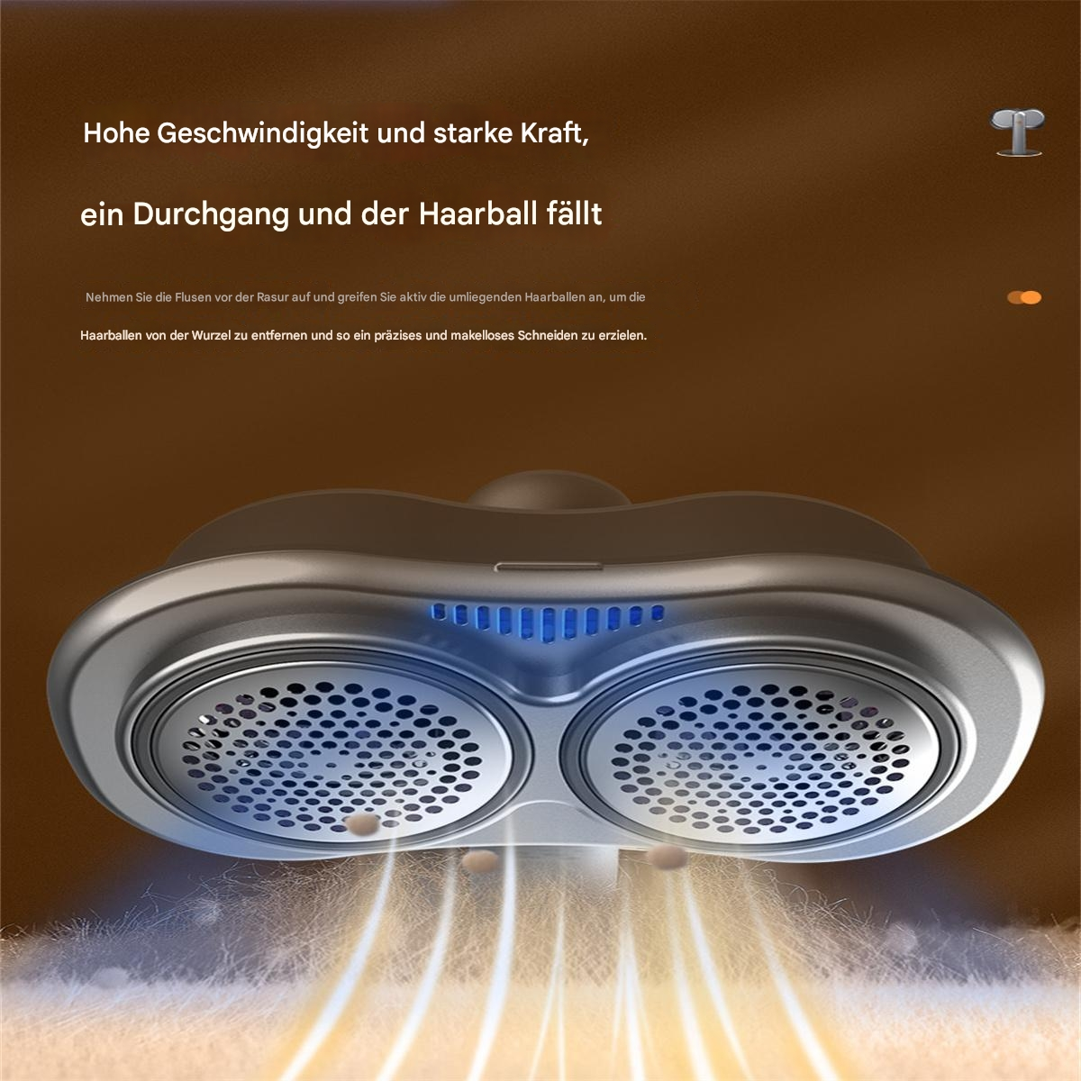 Silberner Haar-Entferner mit zwei rotierenden Köpfen, brauner Hintergrund, Text auf Deutsch.