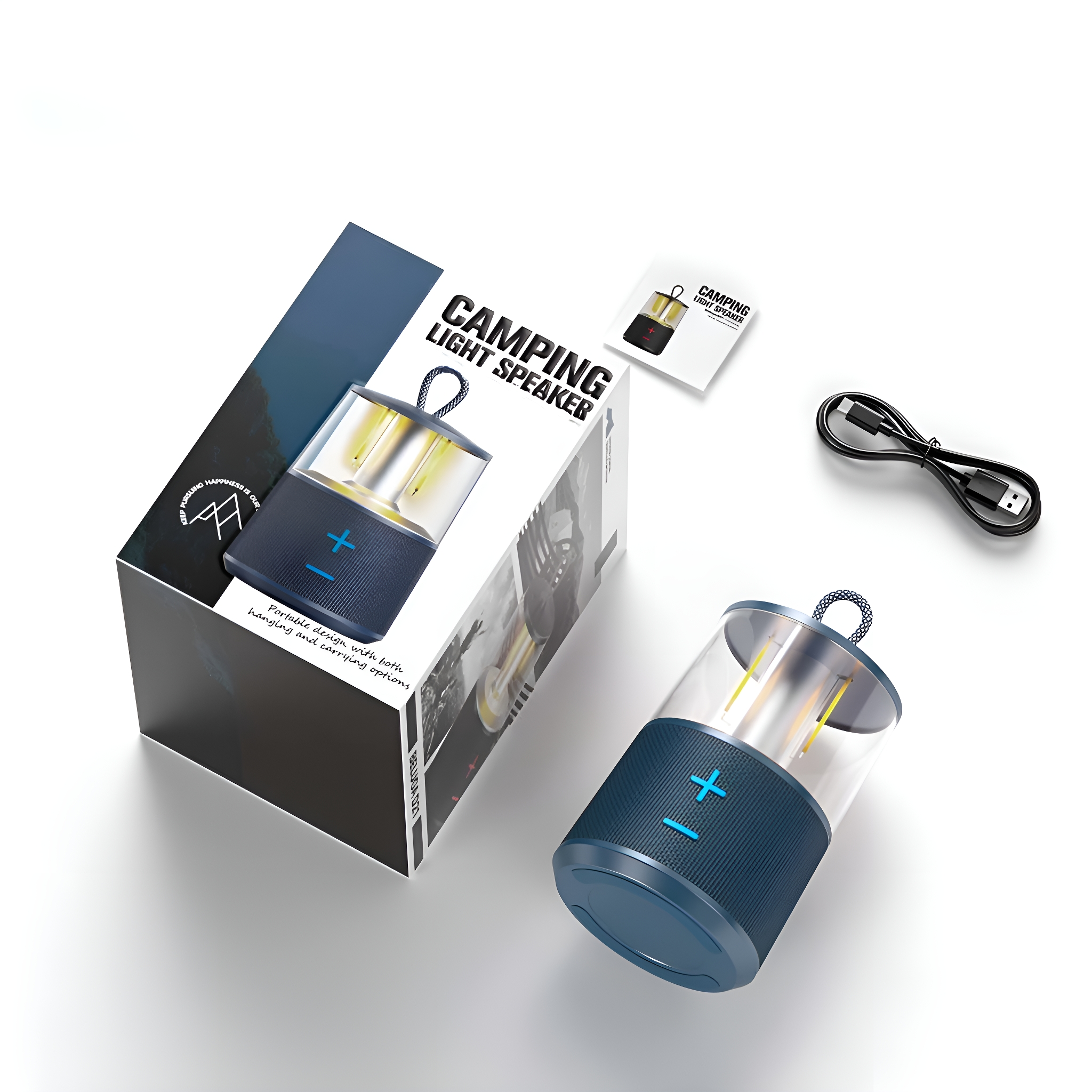 Camping-Lautsprecher, Box, USB-Kabel und kleines Handbuch.