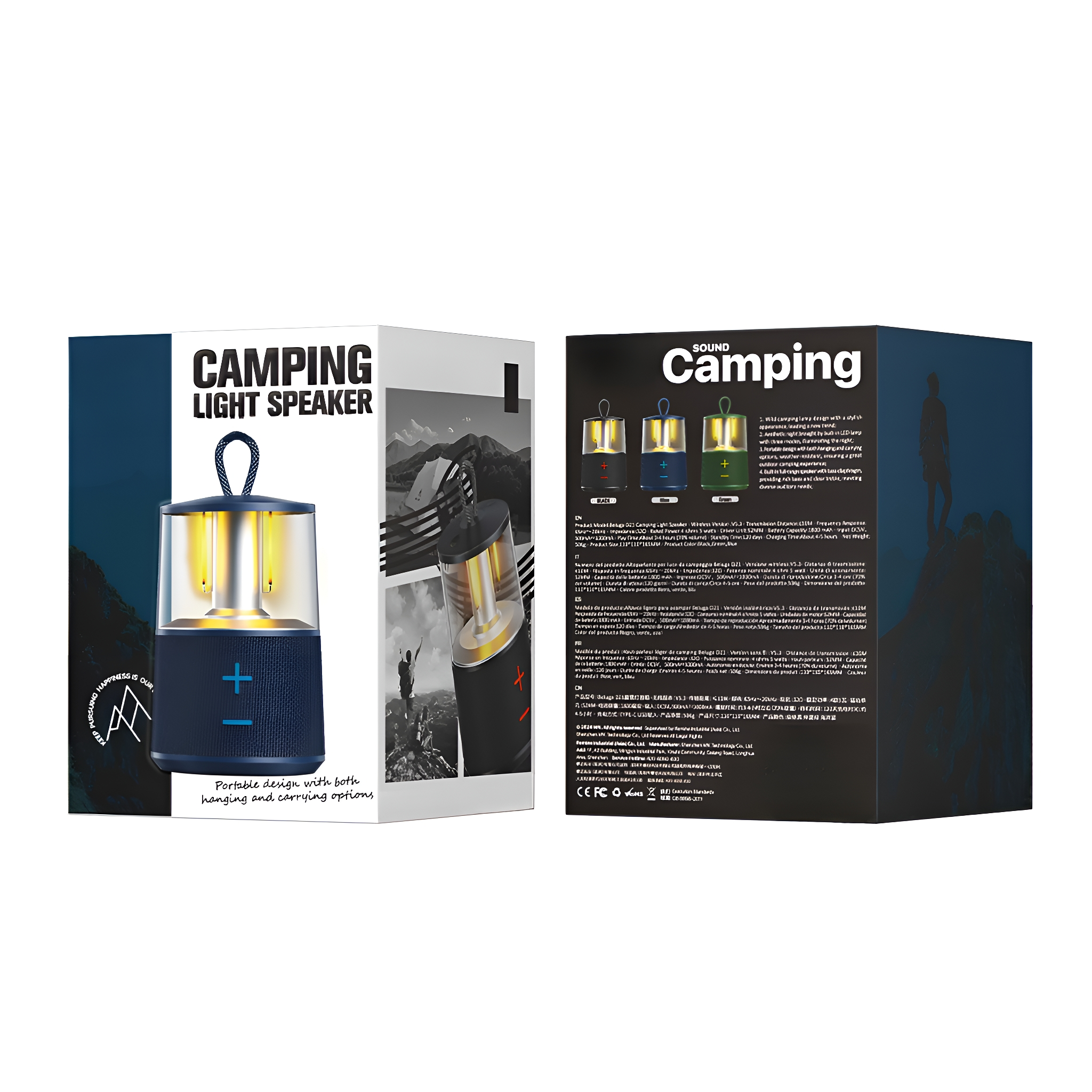 Camping-Lautsprecherbox mit Text und Bildern.