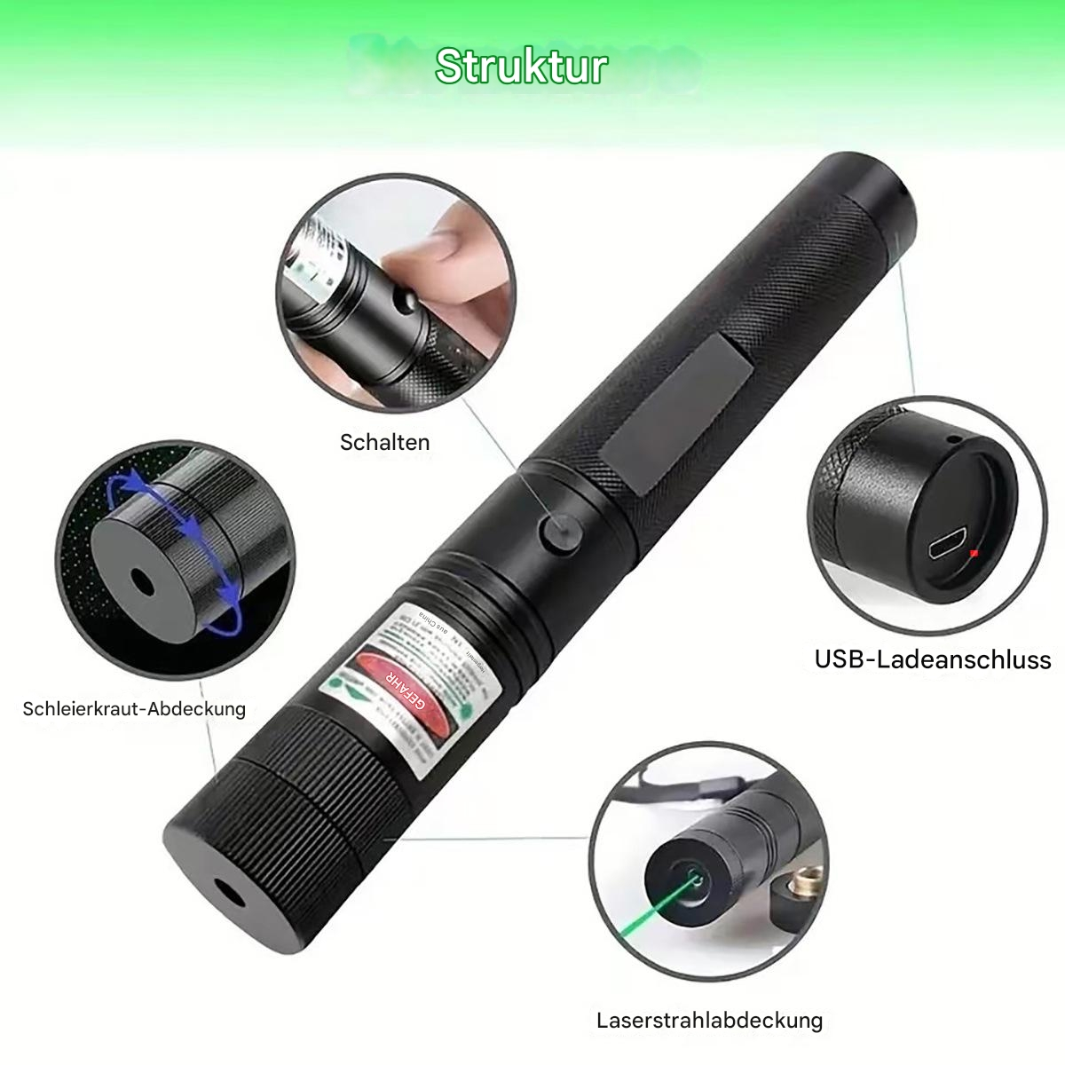 Ein schwarzer Laserpointer mit beschrifteten Teilen, der seine Struktur zeigt.
