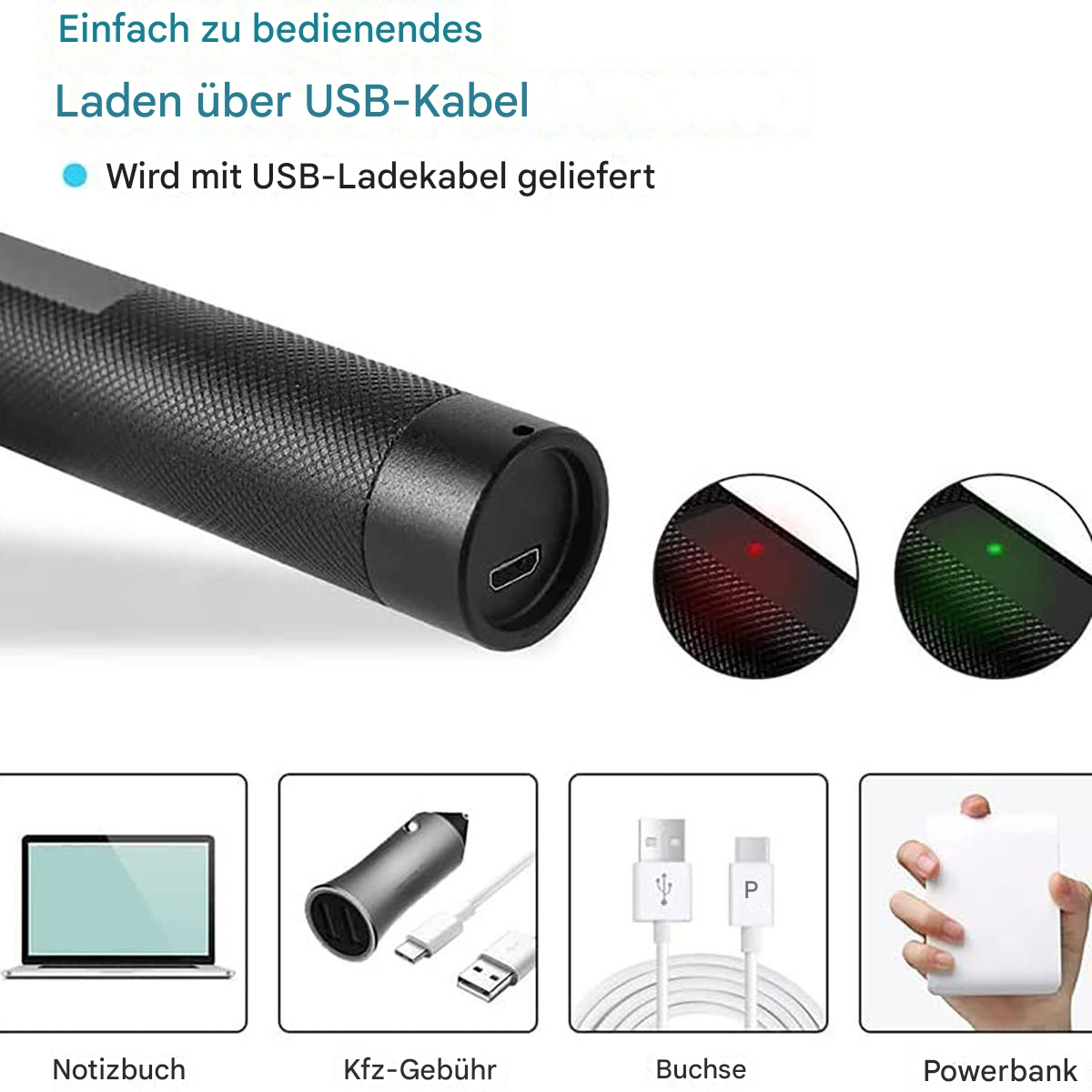 Schwarze Taschenlampe mit USB-Anschluss. Enthält Laptop, Autoladegerät, USB-Kabel und Powerbank.