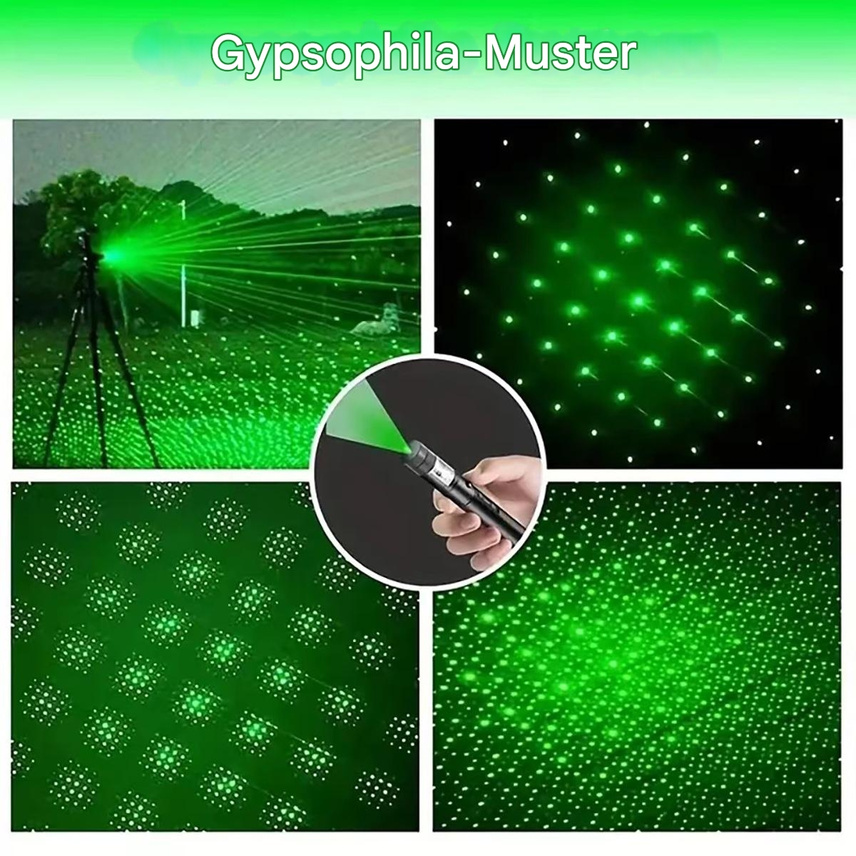 Grüne Laserlichtmuster in vier verschiedenen Anordnungen: draußen, Nahaufnahme und mehr.