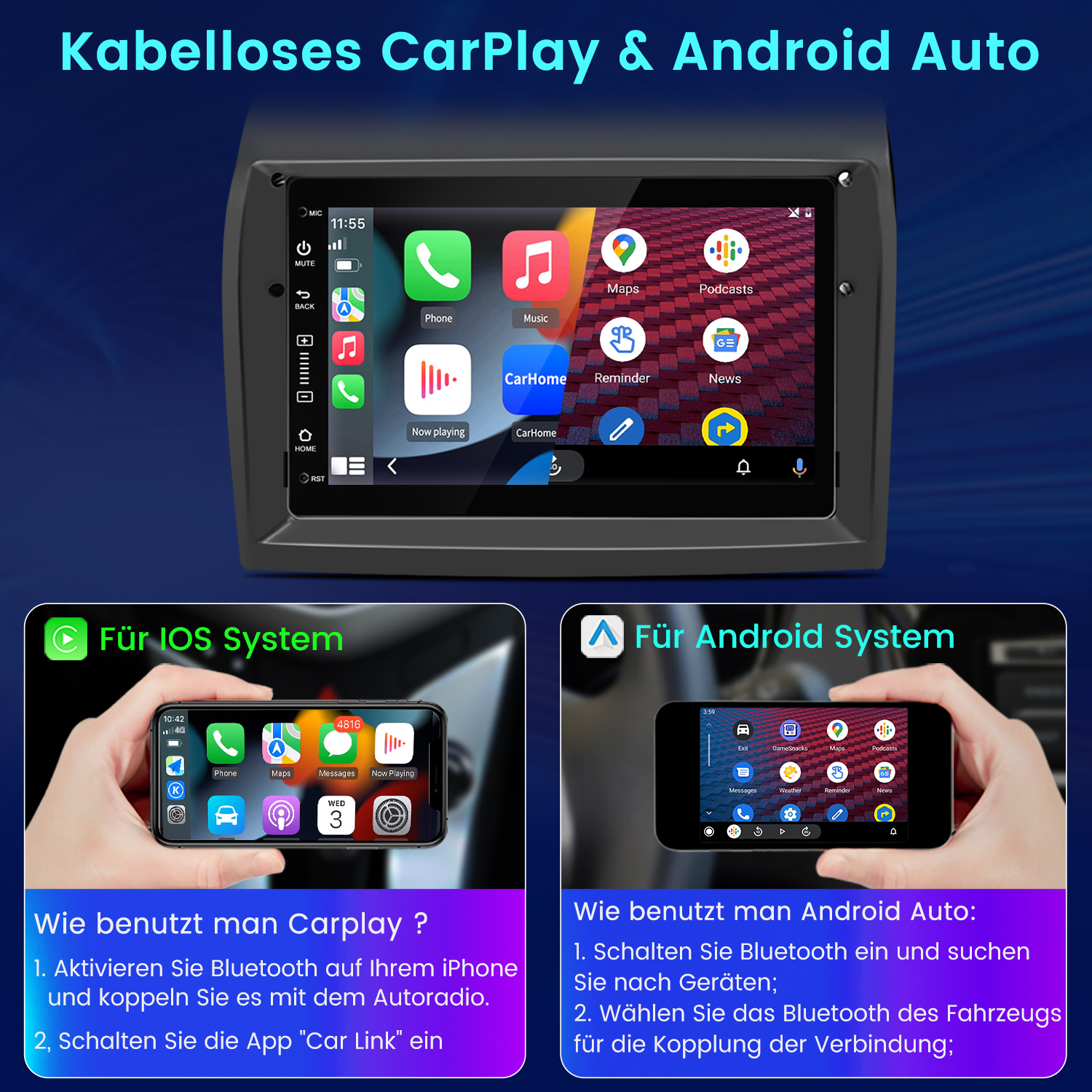 Ekran radia samochodowego wyświetlający aplikacje i ustawienia. Poniżej instrukcje dotyczące CarPlay i Android Auto.