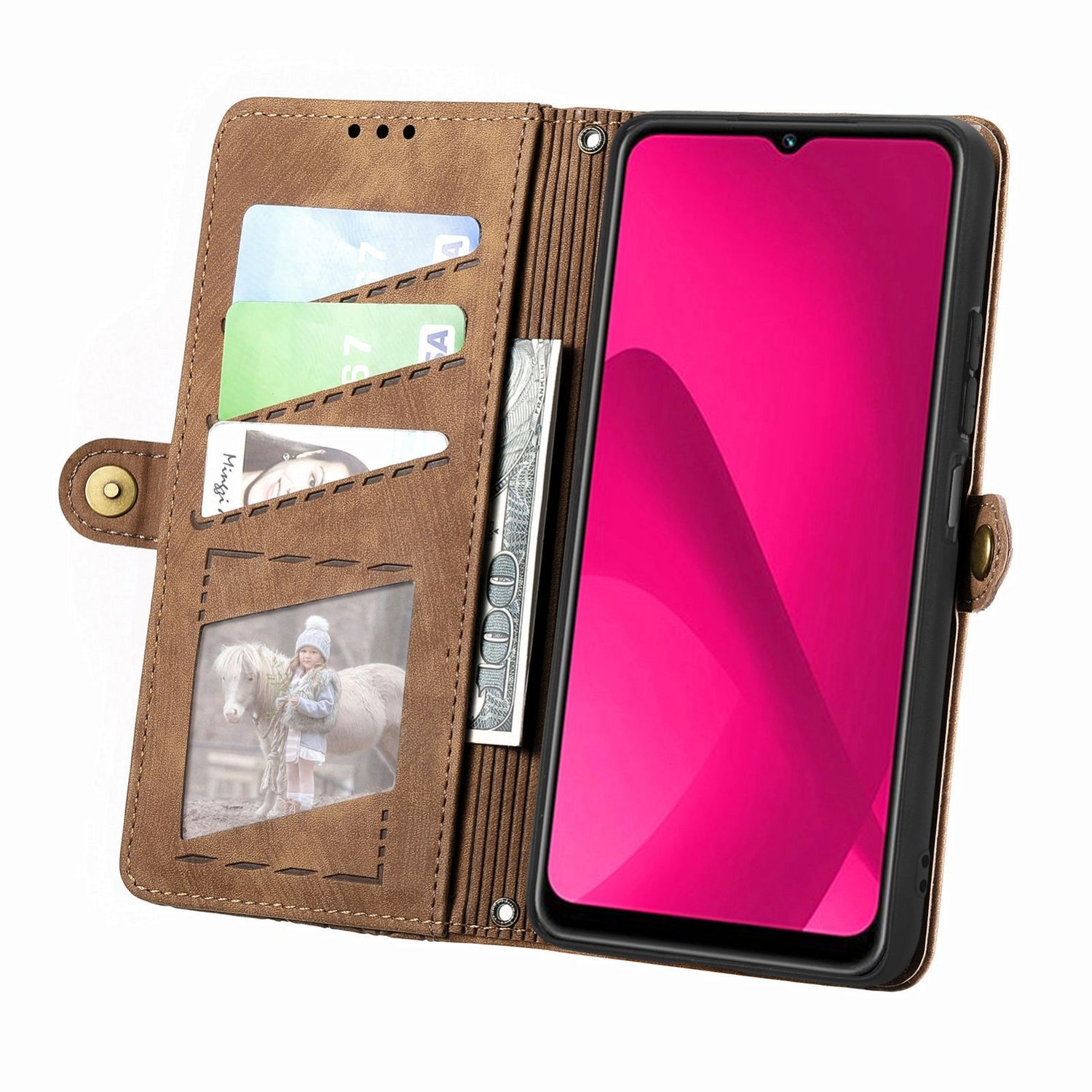 Braune Brieftaschen-Handyhülle offen, mit Telefon, Karten und Geld sichtbar.