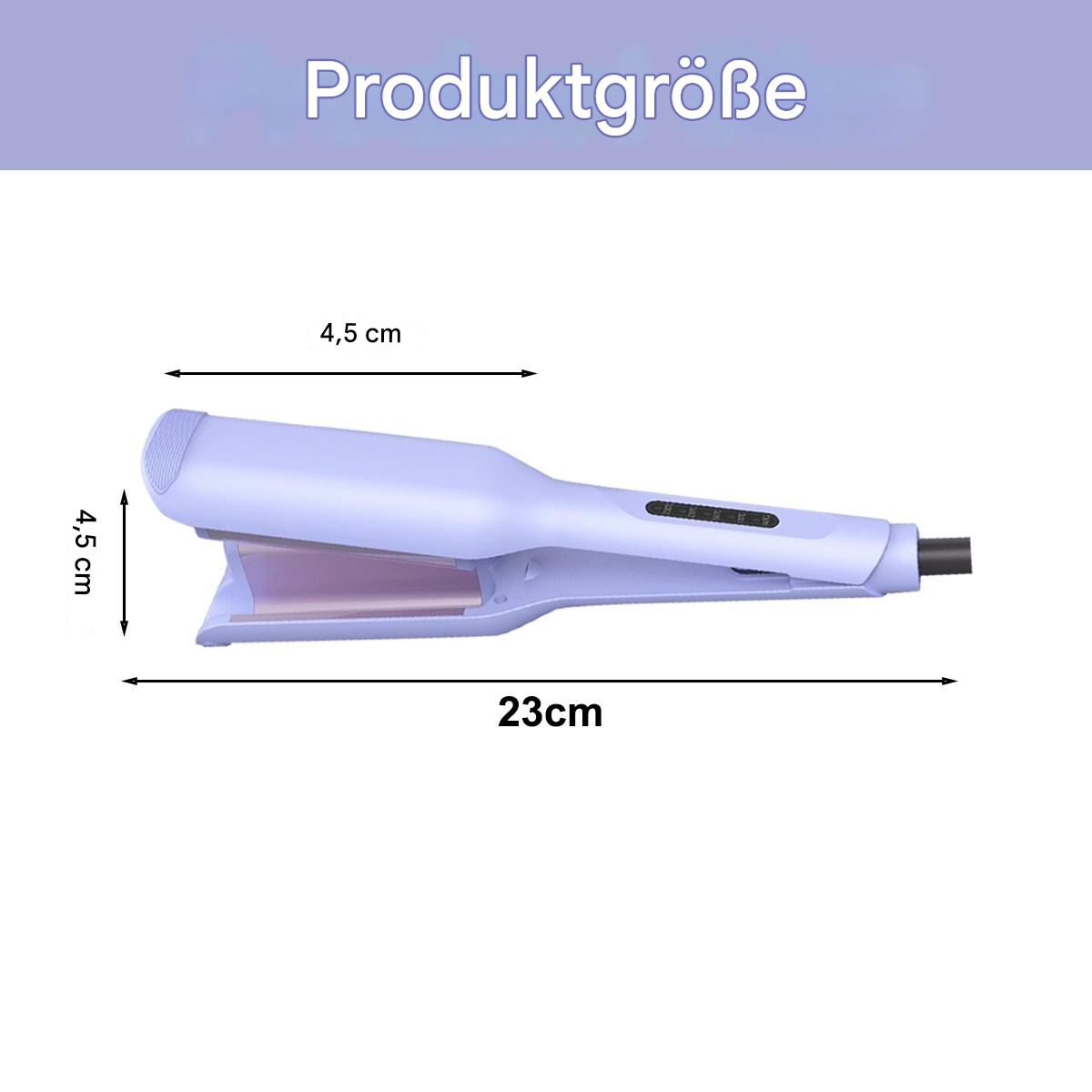 Ein Haarglätter, weißer Hintergrund. Es ist hellviolett, die Abmessungen sind auf dem Bild geschrieben.