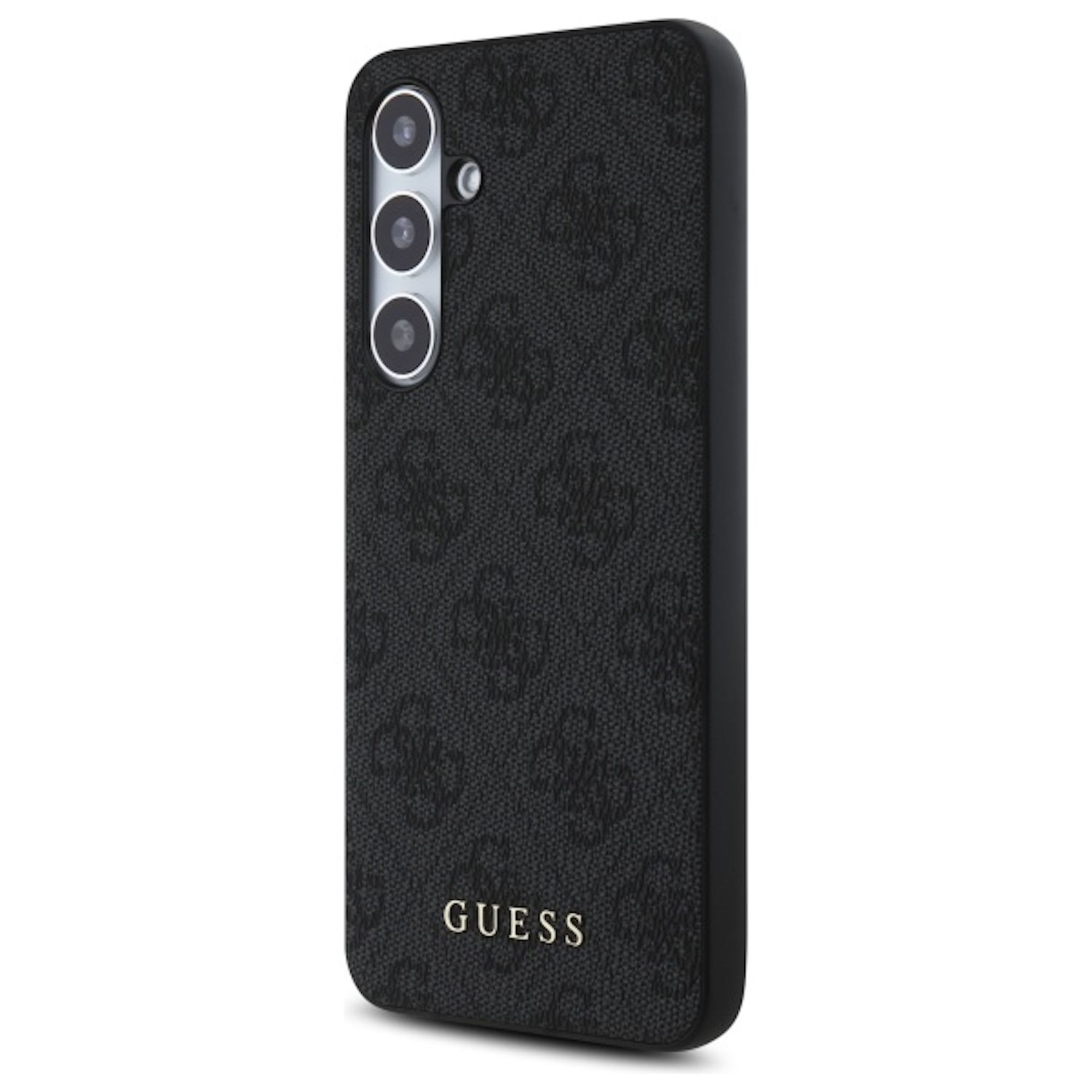 Custodia nera per telefono con motivo logo Guess, che copre un telefono con tripla fotocamera.