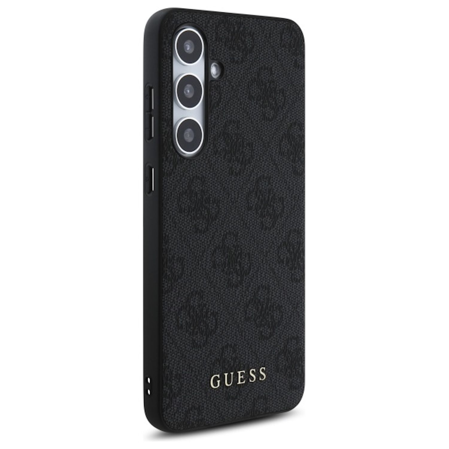 Una custodia per telefono nera con un motivo con logo Guess e la scritta Guess in oro. Sono visibili tre obiettivi della fotocamera.
