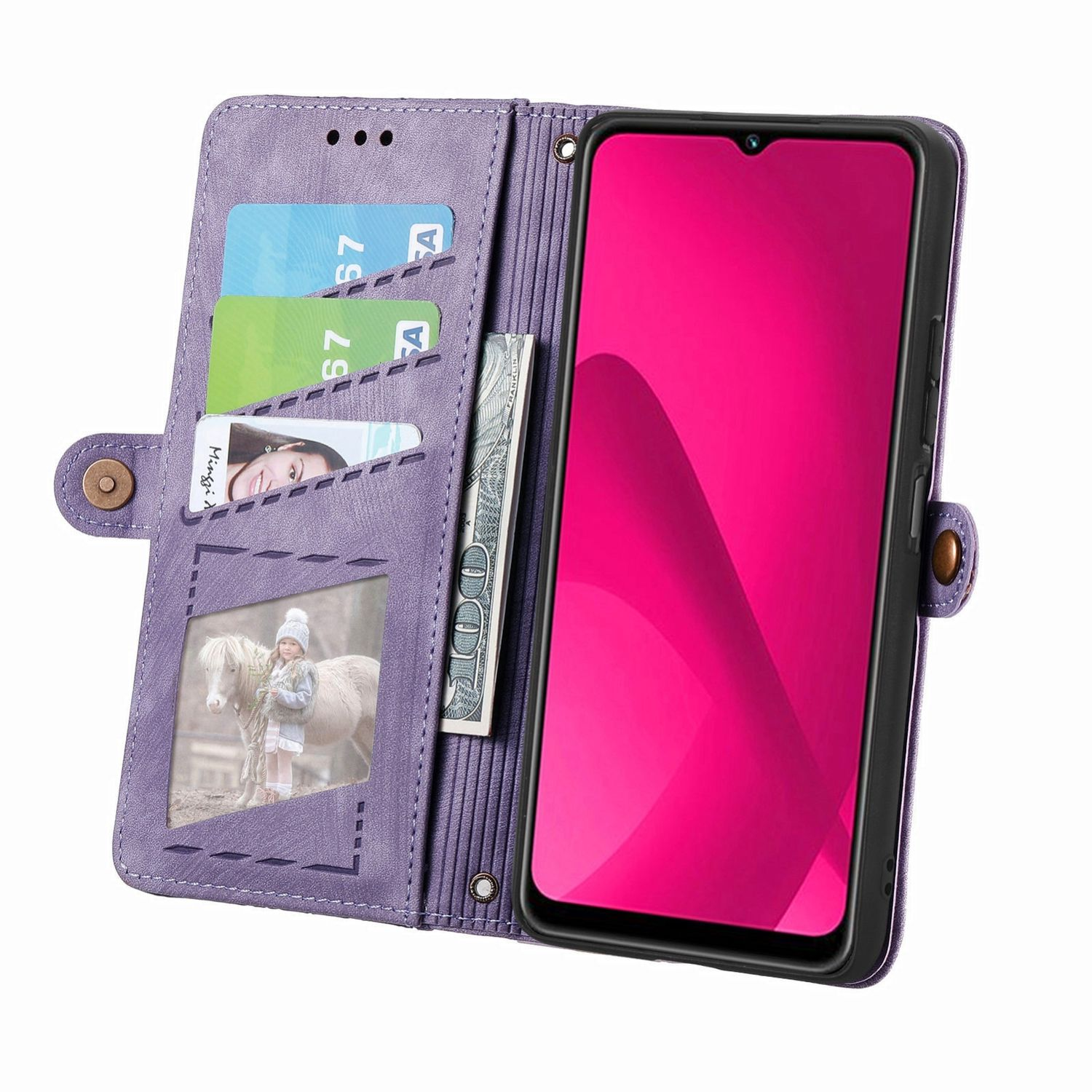 Funda billetera morada con tarjetas, dinero, foto y pantalla rosa del teléfono.