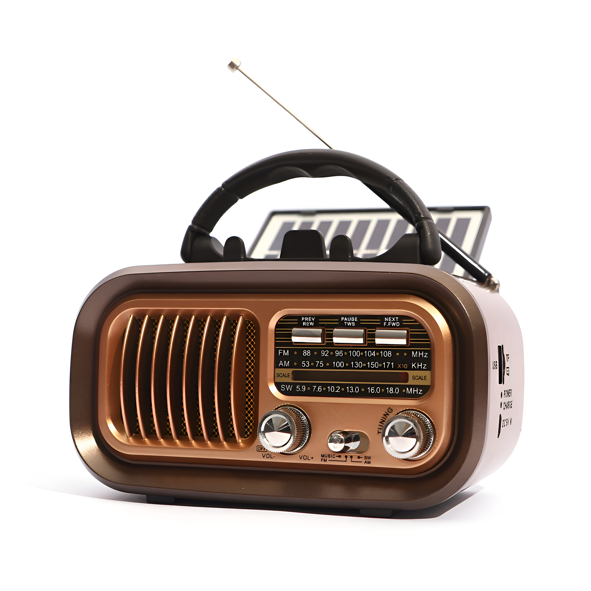 Ein tragbares Radio im Vintage-Stil mit Griff, Solarpanel und Drehknöpfen.