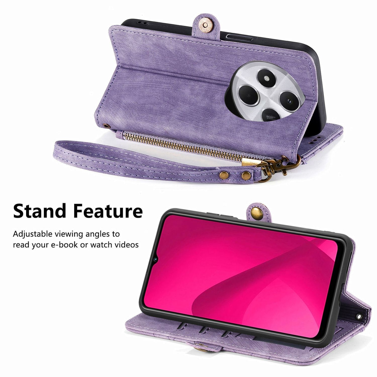 Funda cartera morada para teléfono, abierta y cerrada. Muestra pantalla y ranuras para tarjetas.