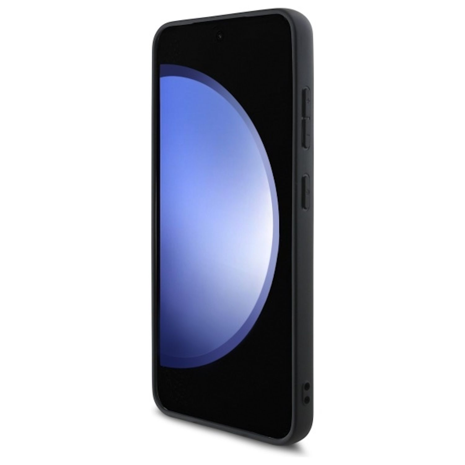 Smartphone nero con custodia nera, schermo con sfumatura blu.