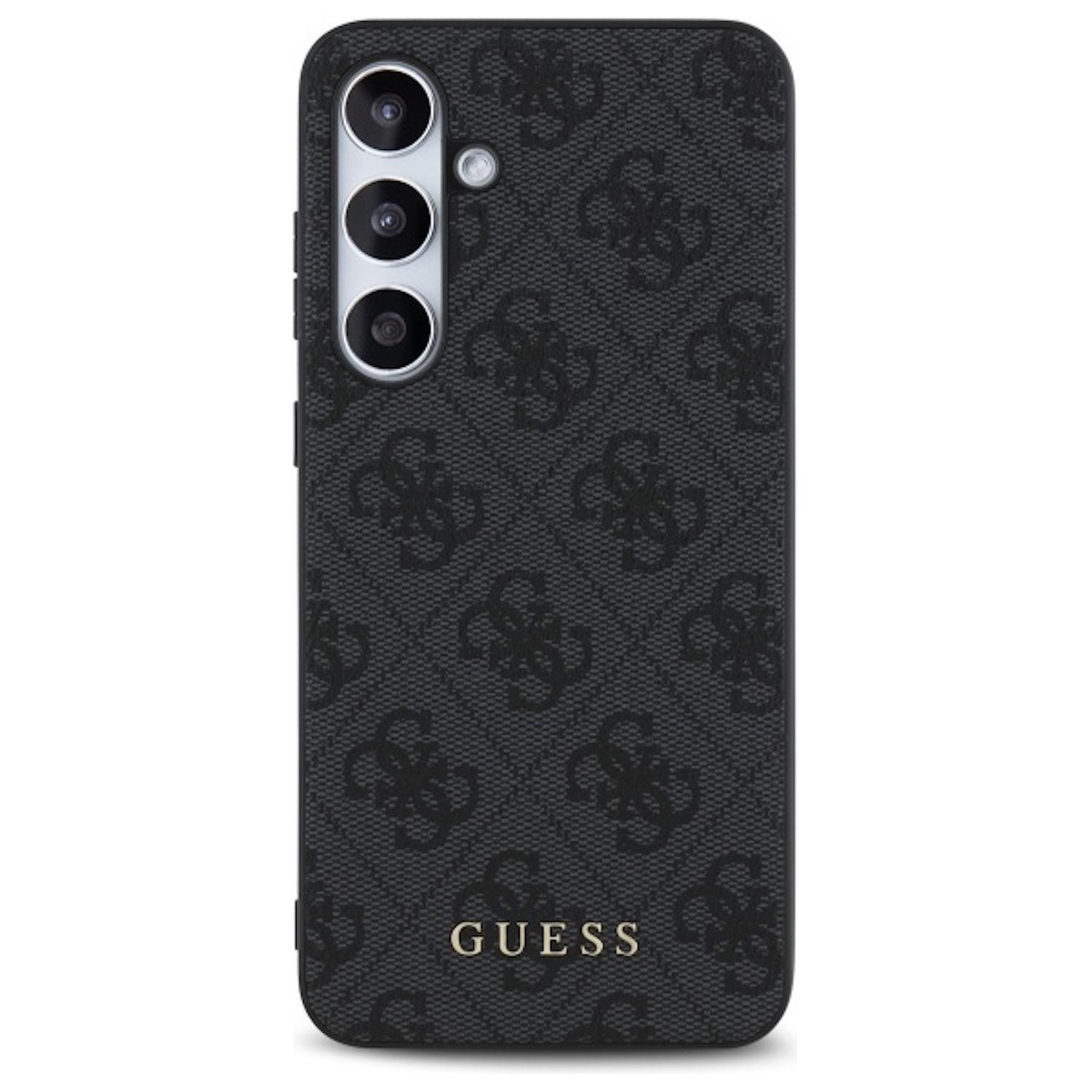 Una custodia per telefono Guess nera con un motivo del logo Guess e una configurazione a tripla fotocamera.