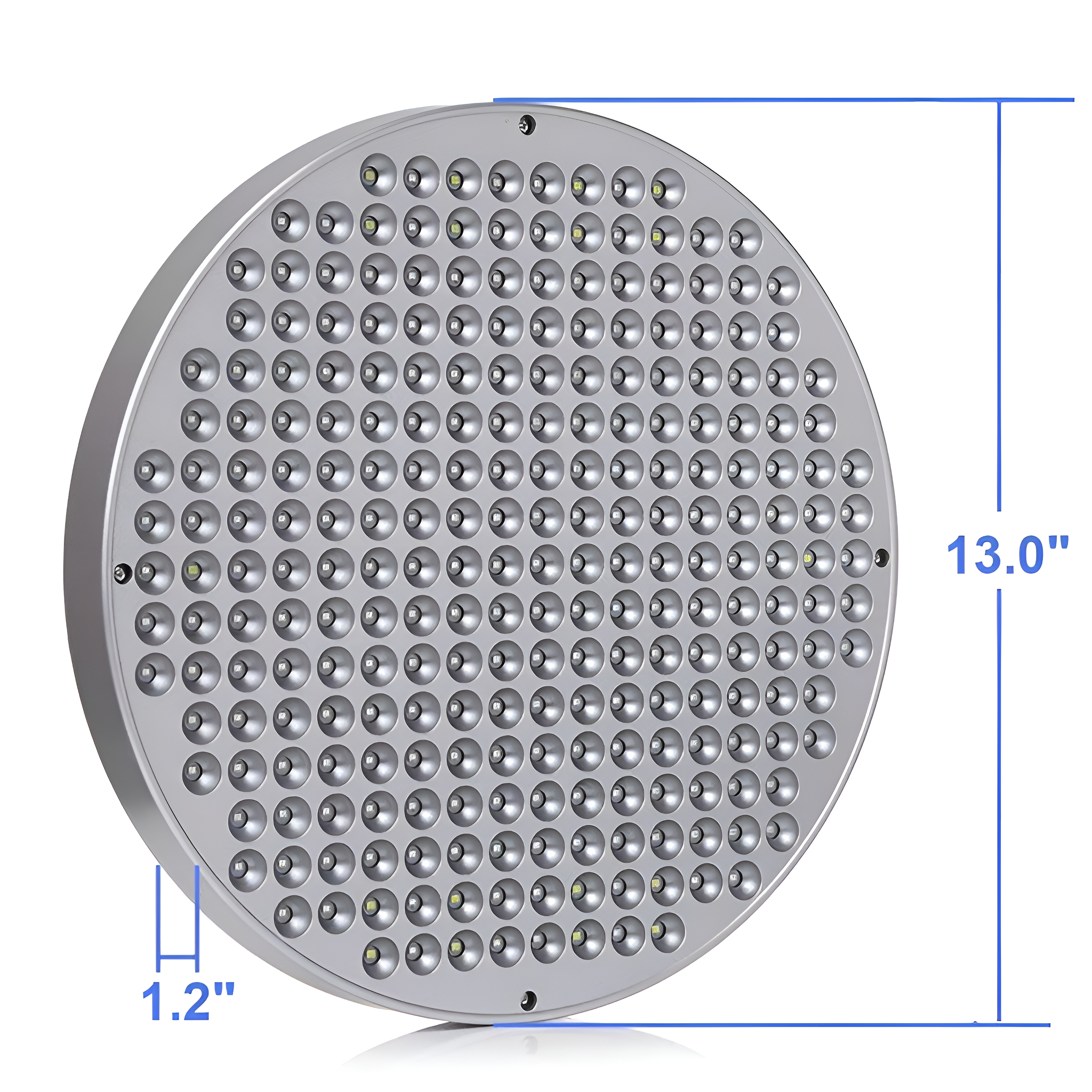 Ein silbernes LED-Panel mit vielen kleinen Löchern und einer blauen Messlinie mit der Abmessung: 13,0" x 1,2".