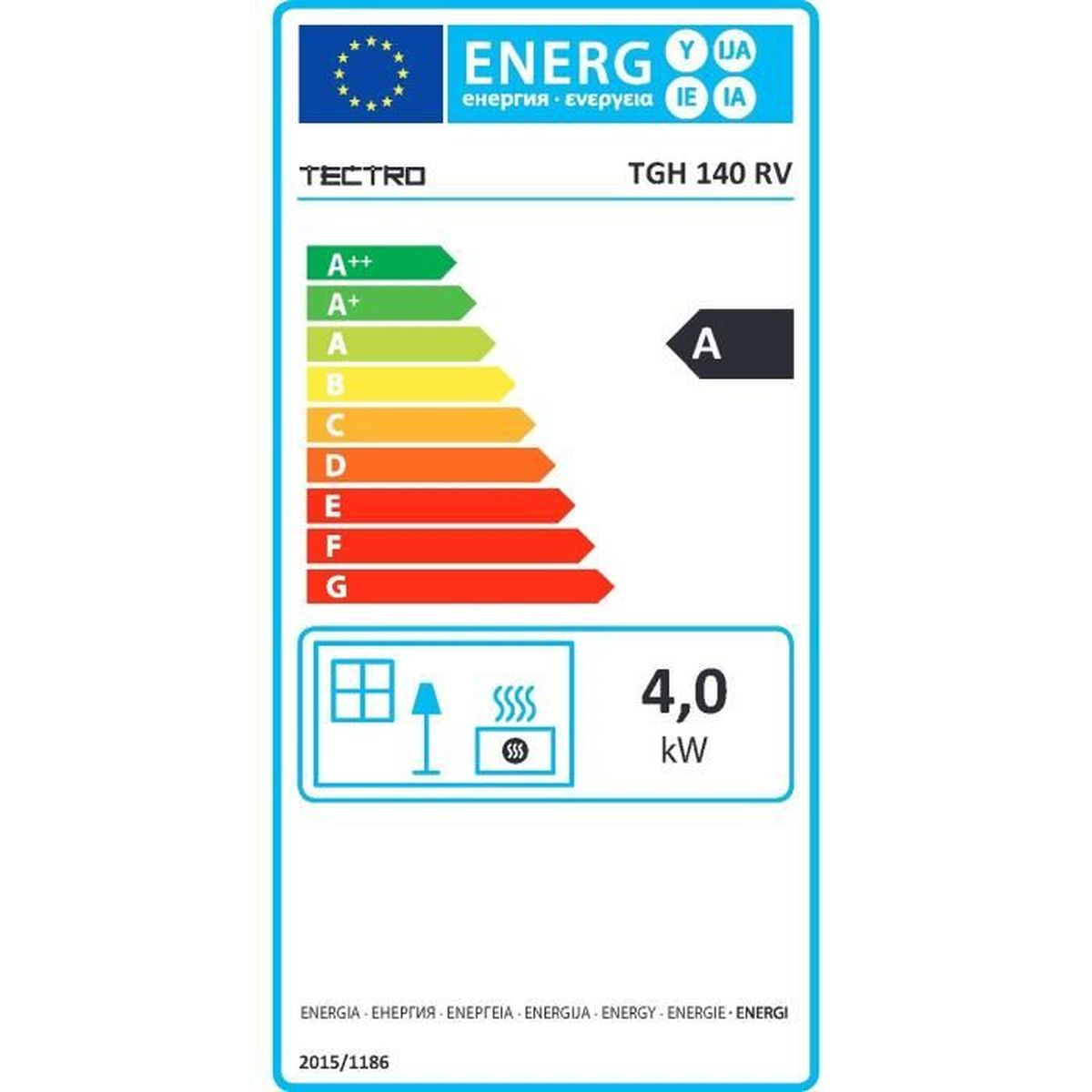 Energielabel. Grüne bis rote Skala, bewertet mit A, mit 4,0 kW und Geräte-Symbol.