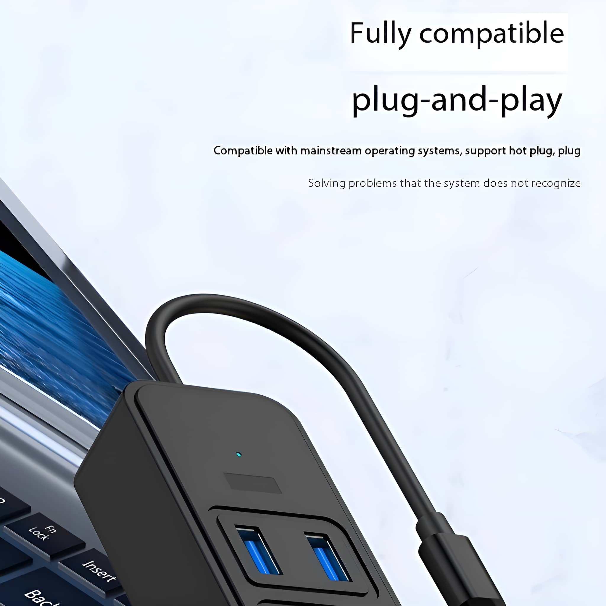 Ein schwarzer USB-Hub mit zwei USB-Anschlüssen, der mit einem Laptop verbunden ist. Der Satz "Plug-and-Play" wird angezeigt.