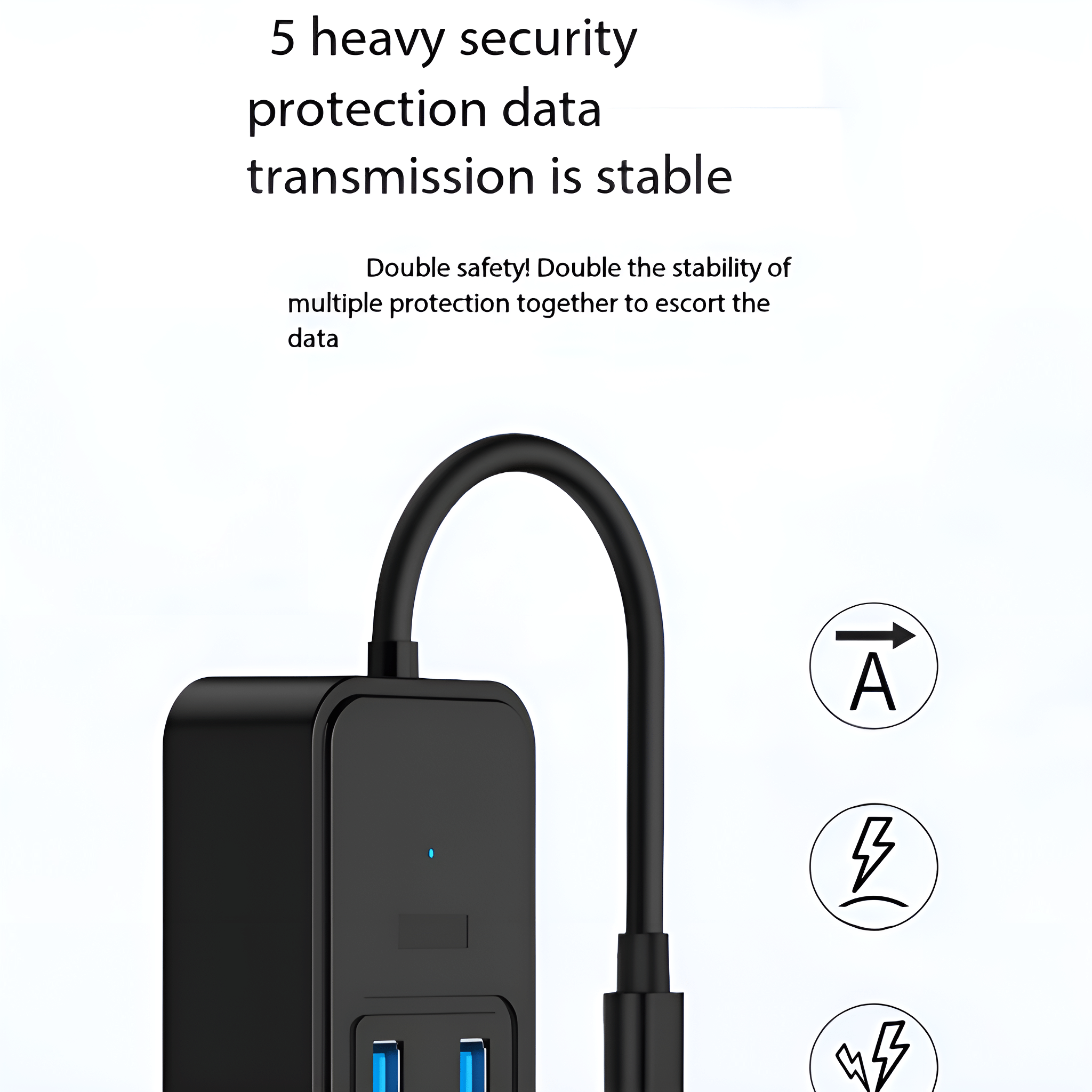 Schwarzer USB-Hub mit mehreren Anschlüssen und Kabel, mit Funktionssymbolen.