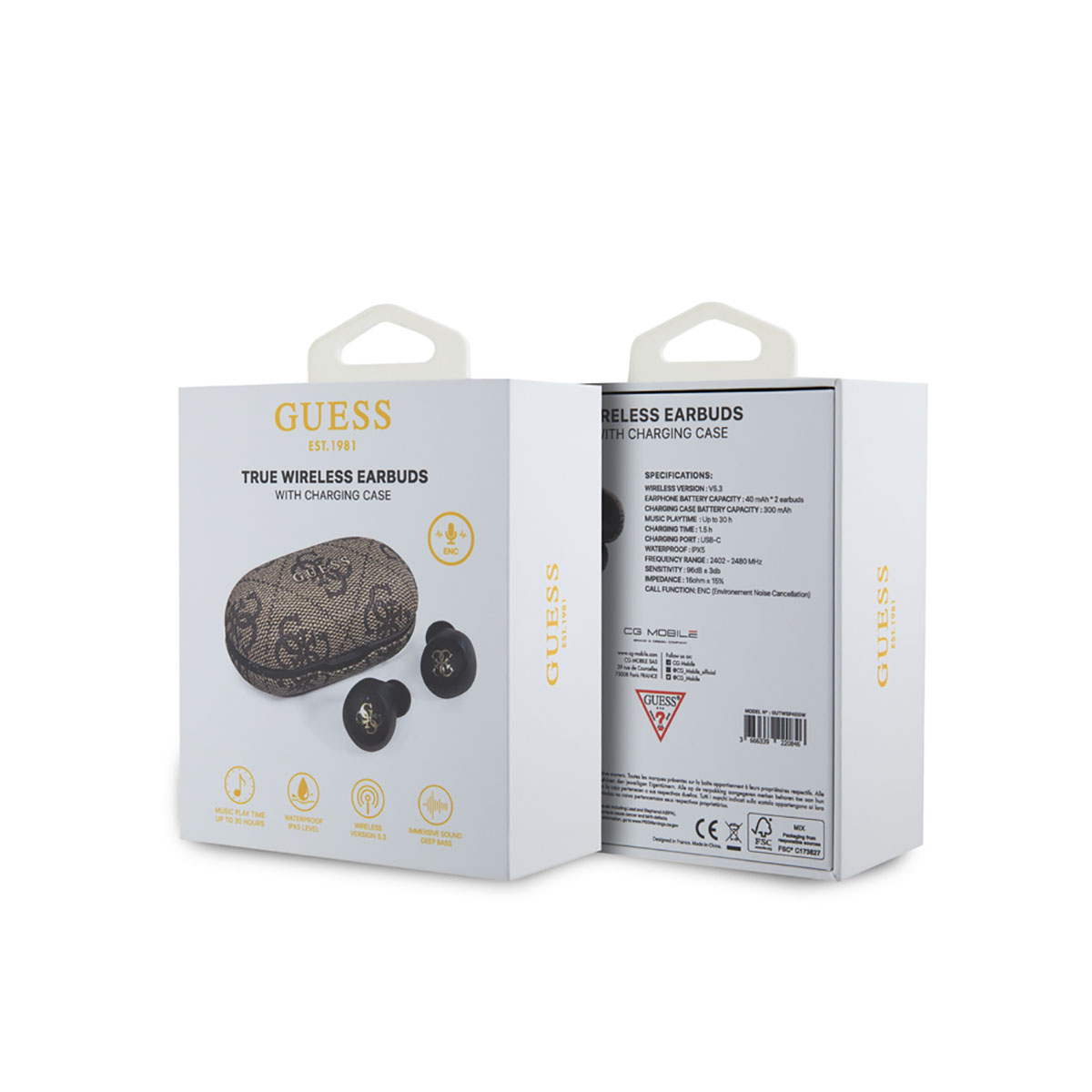 Dos cajas de auriculares inalámbricos Guess con estuche de carga y especificaciones mostradas.