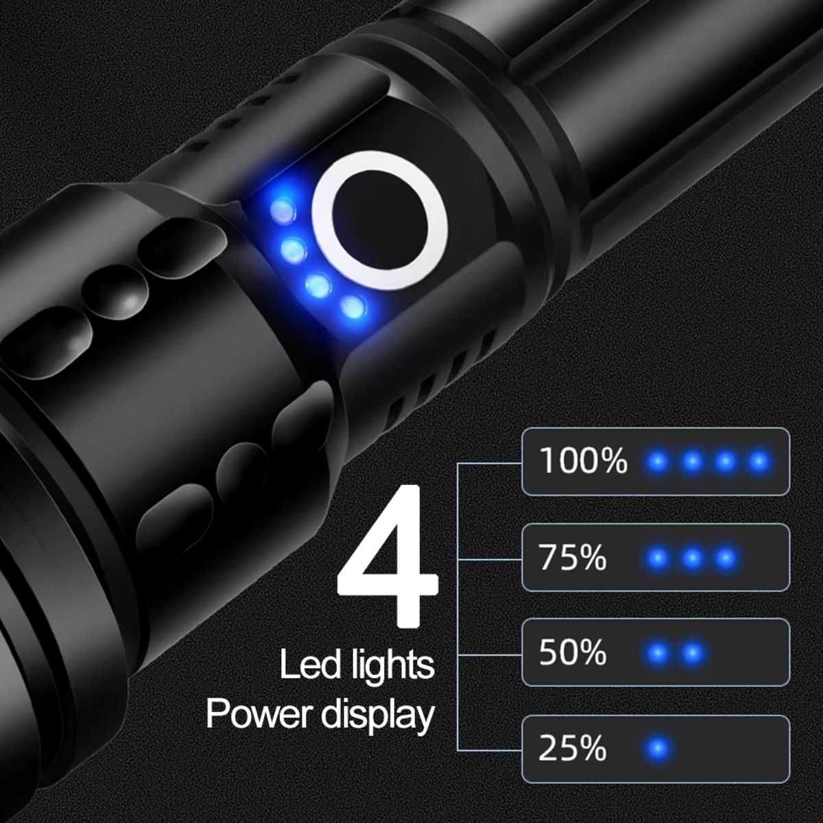 Schwarze Taschenlampe mit blauer LED-Leistungsanzeige, die Batterieladeprozente anzeigt.