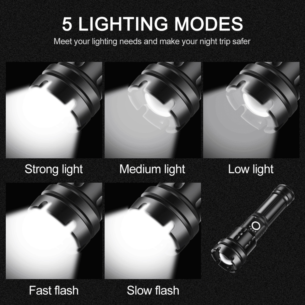 Fünf Taschenlampen mit verschiedenen Lichtmodi: stark, mittel, schwach, schnelles und langsames Blinken.