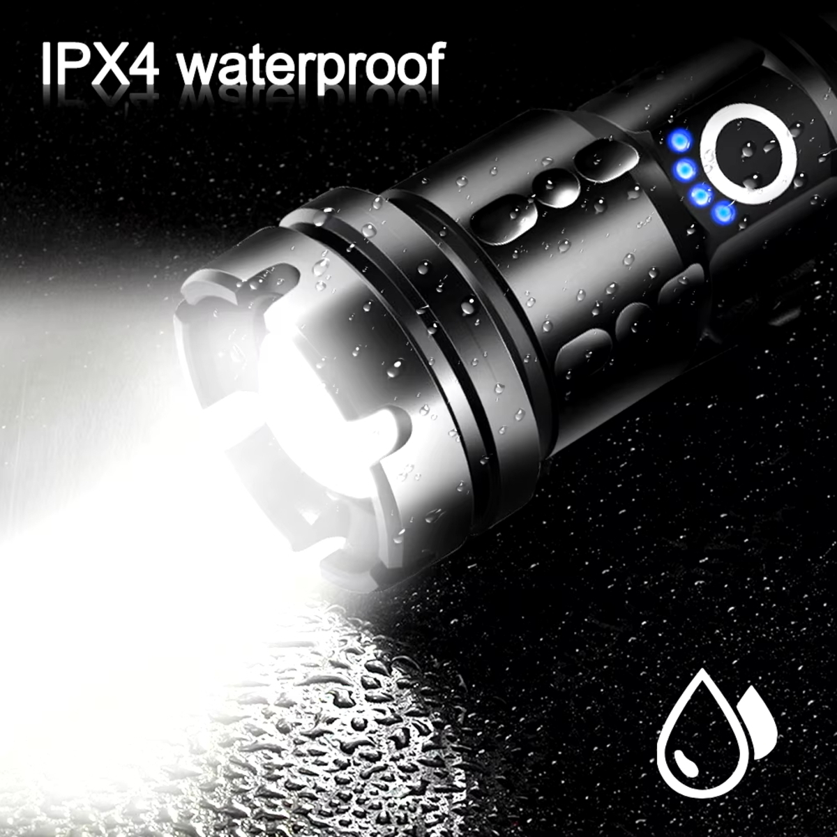 Schwarze Taschenlampe mit hellem weißen Lichtstrahl in dunkler Umgebung. Text: "IPX4 wasserdicht".