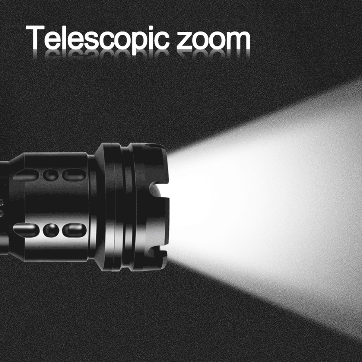 Eine schwarze Taschenlampe mit hellem weißen Strahl. Der Text lautet Teleskopzoom.