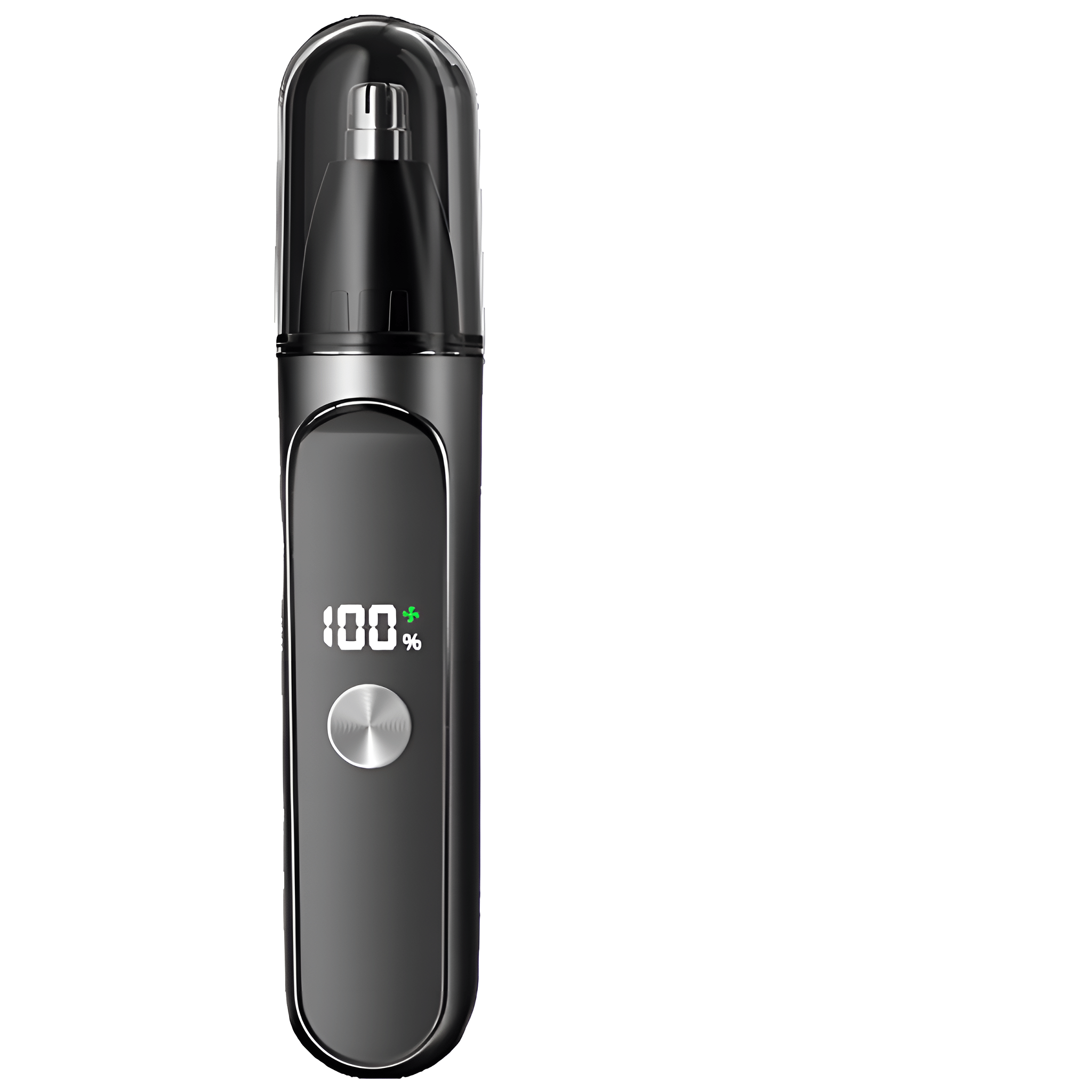 Ein schwarzer Nasenhaartrimmer mit digitaler Anzeige 100%. Der Trimmer liegt auf weißem Grund.