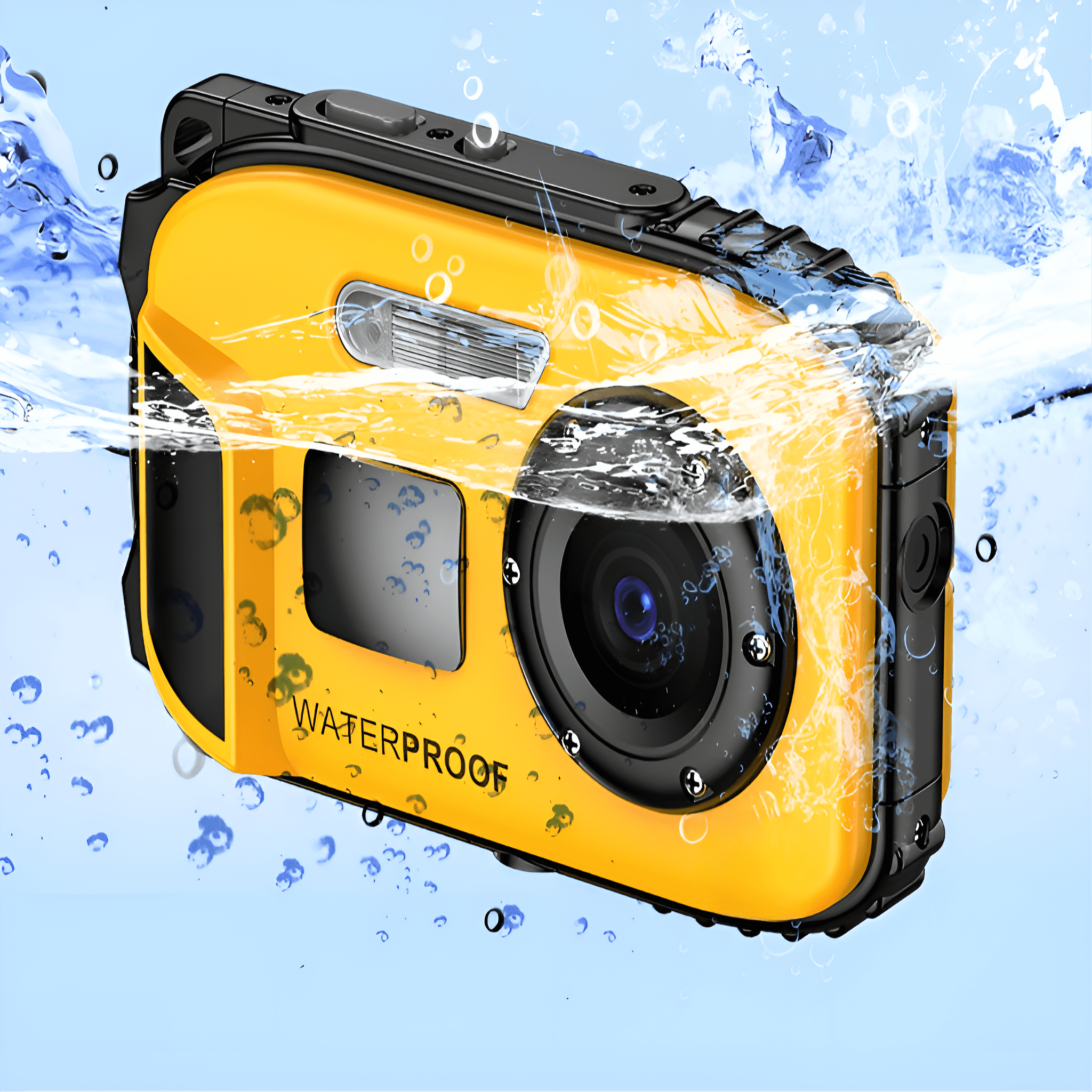 Gelbe wasserdichte Kamera unter Wasser, mit Blasen drumherum. Das Wort 'WATERPROOF' steht auf der Kamera.