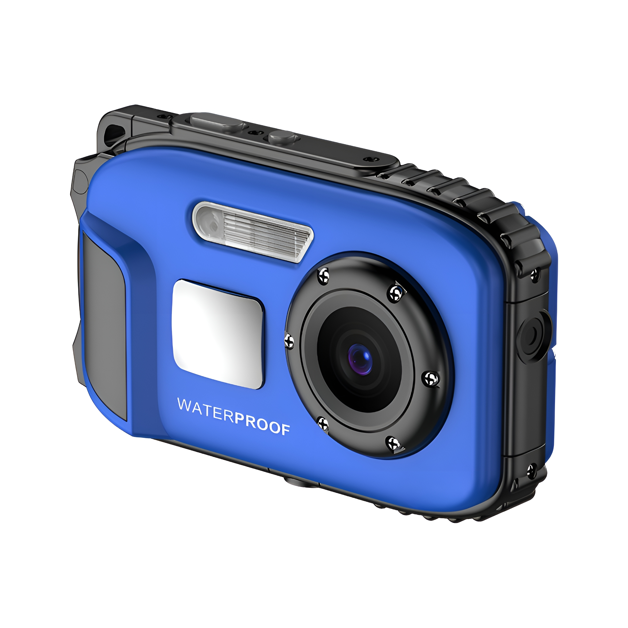 Blaue wasserdichte Kamera mit schwarzen Akzenten. Das Wort WATERPROOF ist sichtbar.