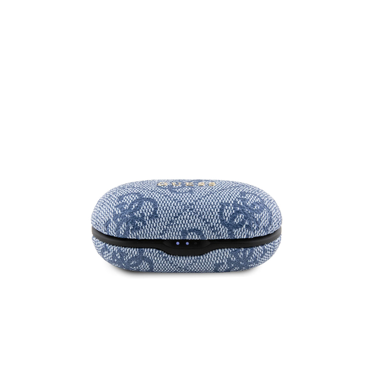 Custodia ovale in denim blu, chiusa, con chiusura nera e marchio Guess.