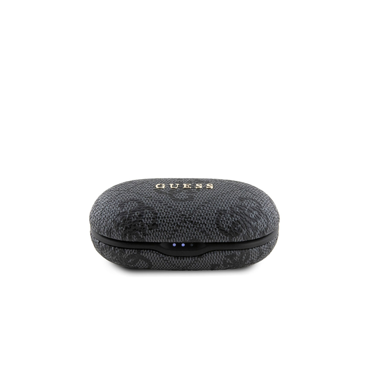 Custodia per auricolari Guess nera. Ha un motivo strutturato e il logo Guess in oro.