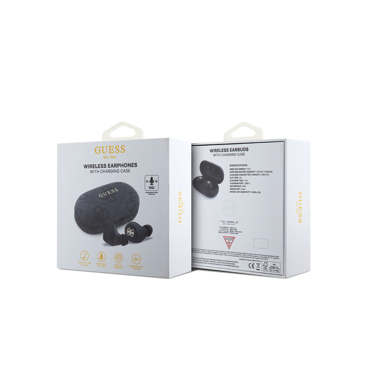 Due scatole bianche di auricolari wireless Guess. Una mostra gli auricolari e la custodia, l'altra le specifiche.