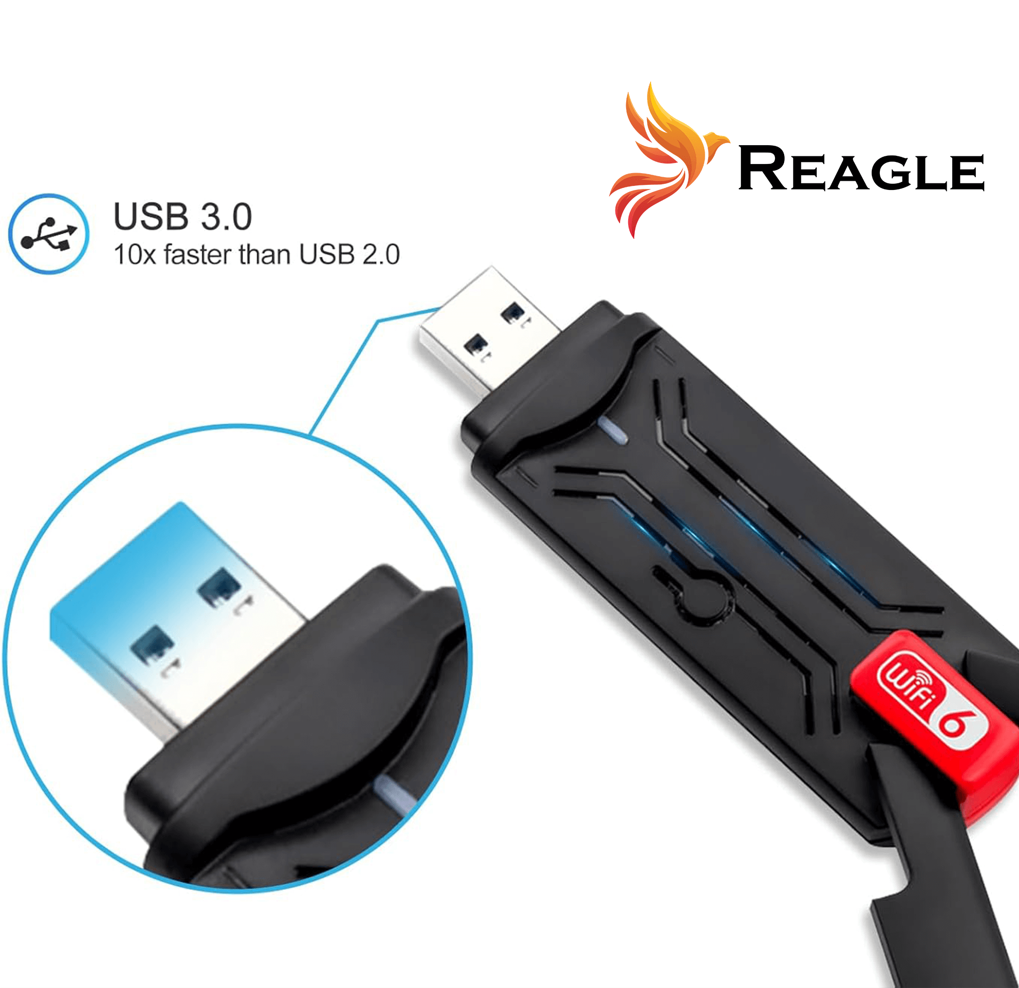 Czarny adapter Wi-Fi USB z otwartym końcem USB. Białe tło.