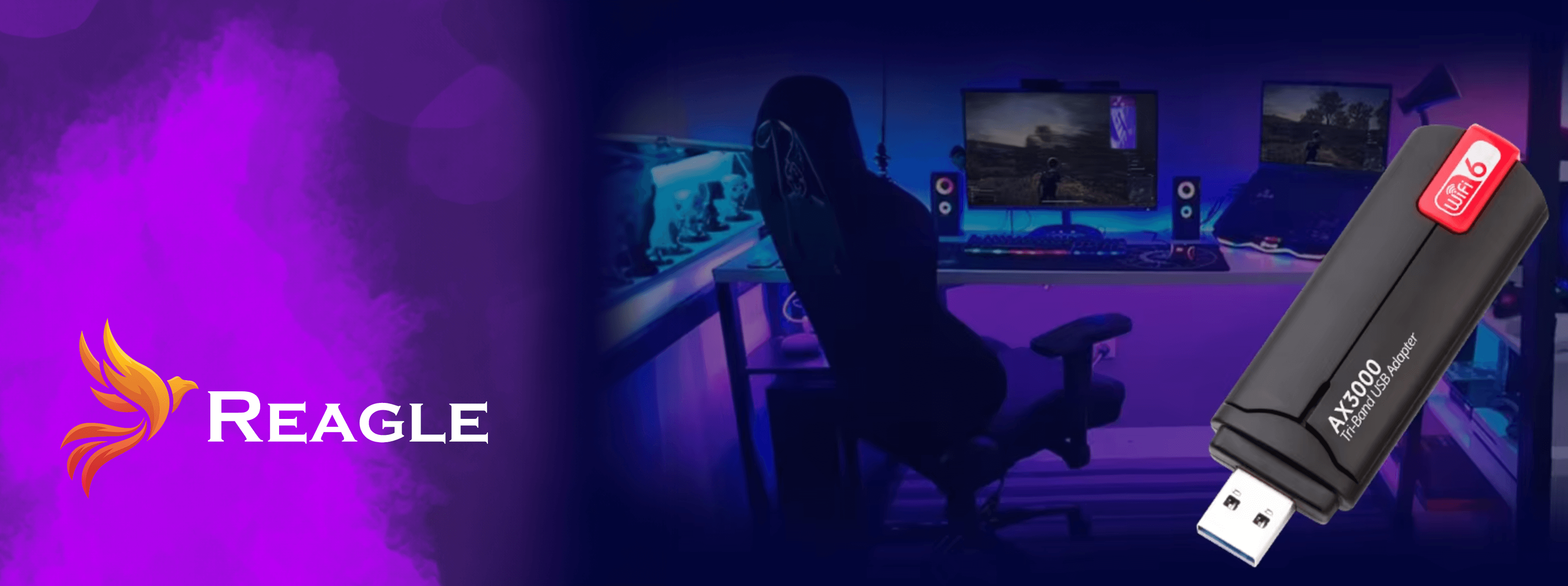 Konfiguracja do gier z adapterem Wi-Fi. Logo Reagle po lewej stronie.